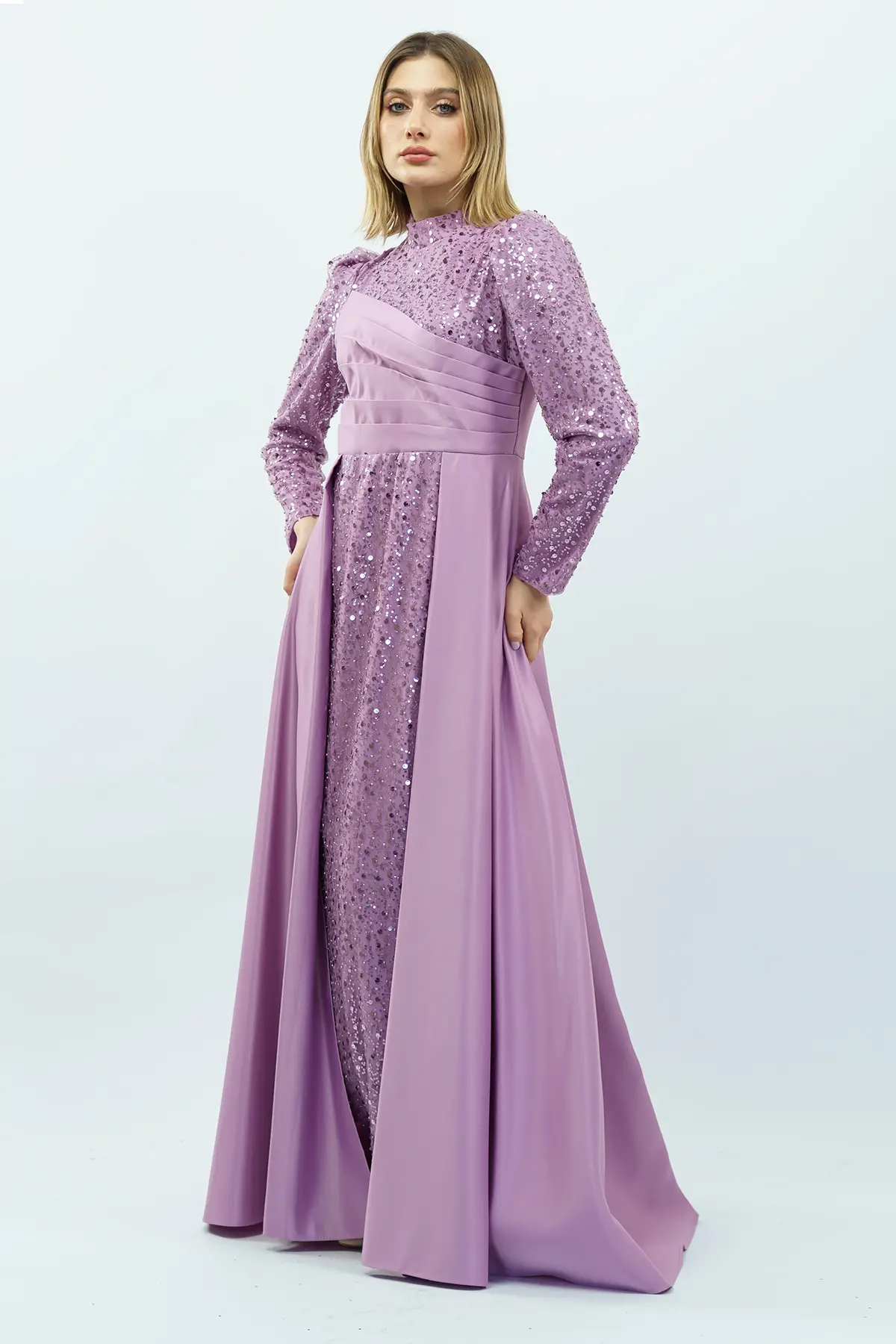 Payetli Drapeli Saten Abiye Elbise Lila-detail