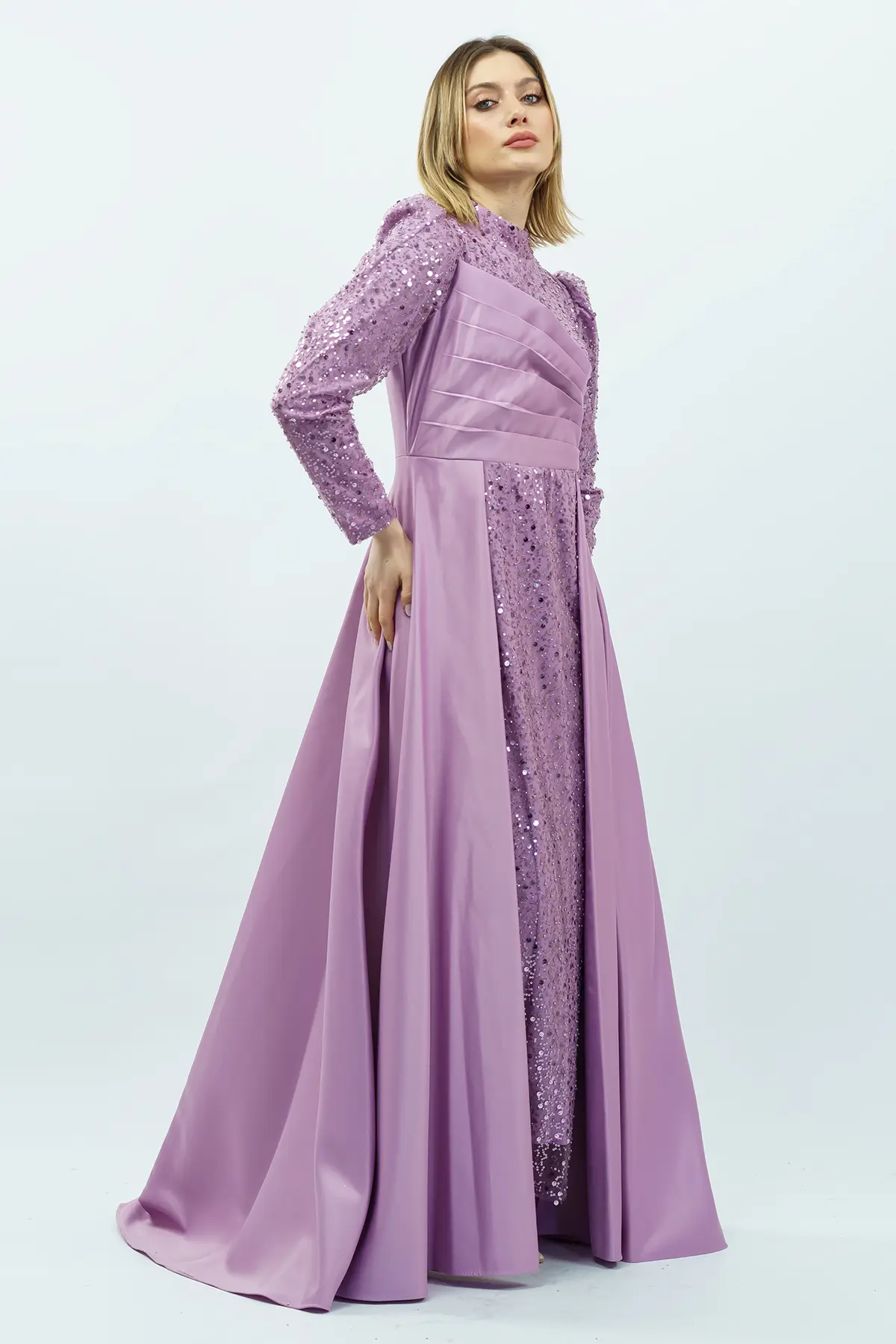 Payetli Drapeli Saten Abiye Elbise Lila-detail