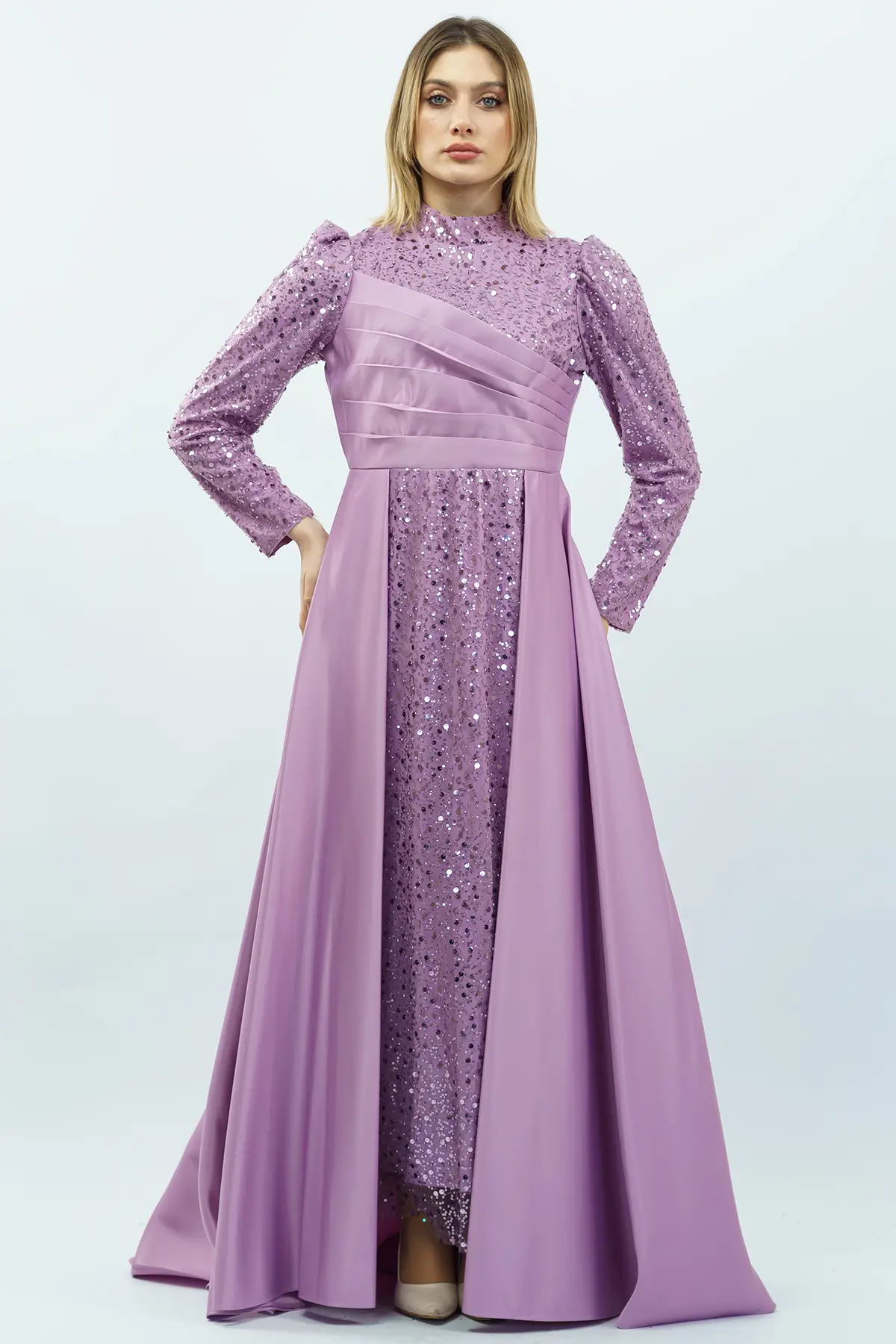 Payetli Drapeli Saten Abiye Elbise Lila-detail