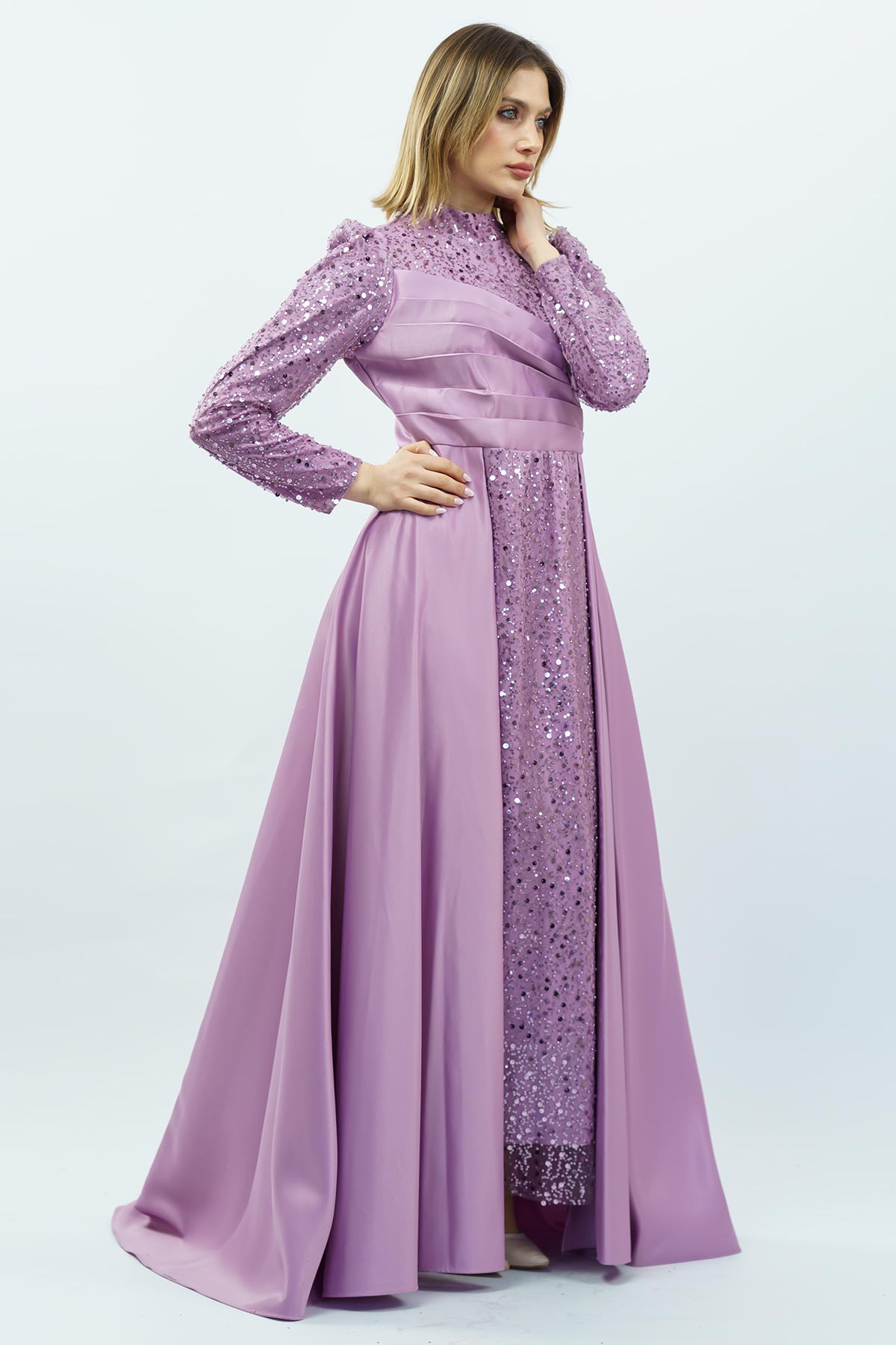 Payetli Drapeli Saten Abiye Elbise Lila