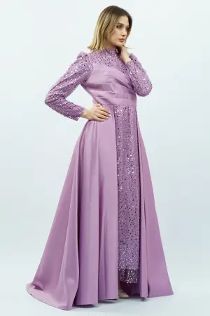 Payetli Drapeli Saten Abiye Elbise Lila