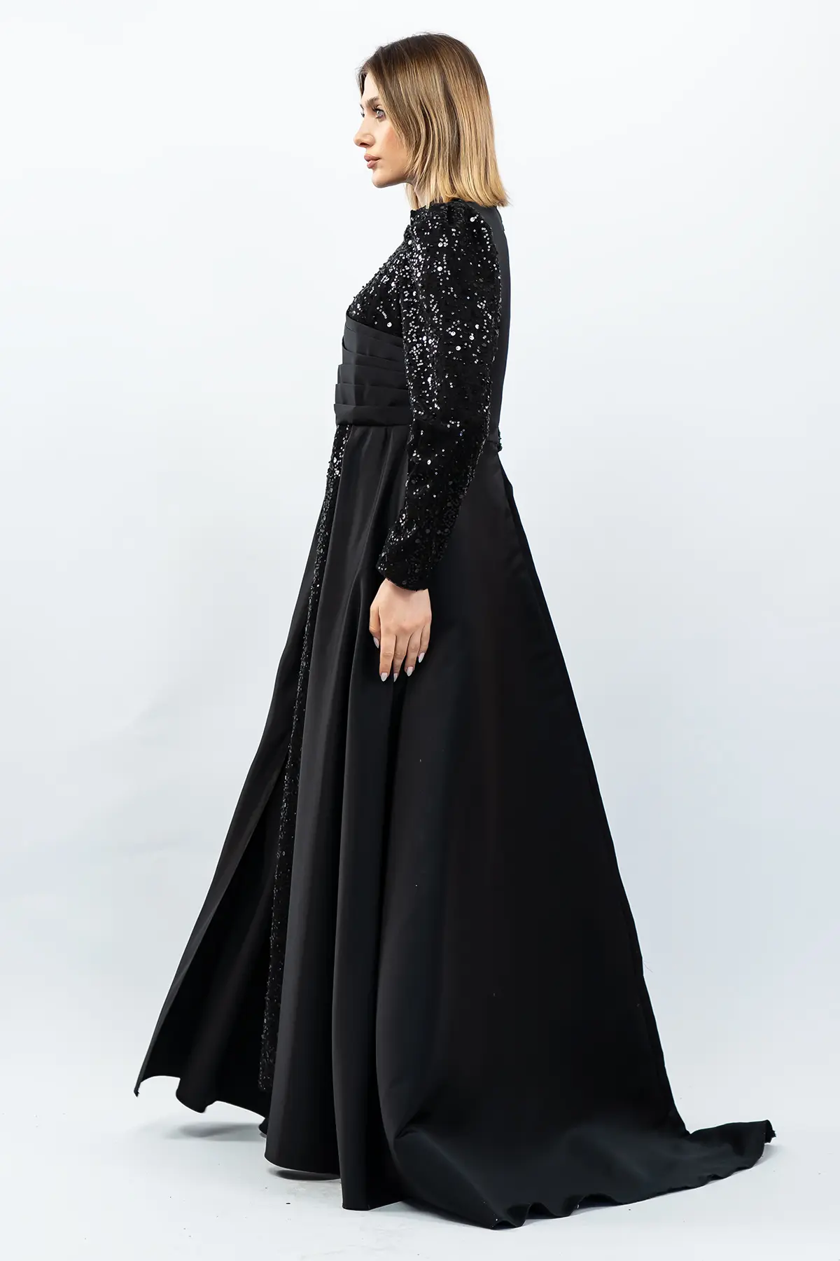 Payetli Drapeli Saten Abiye Elbise Siyah-detail