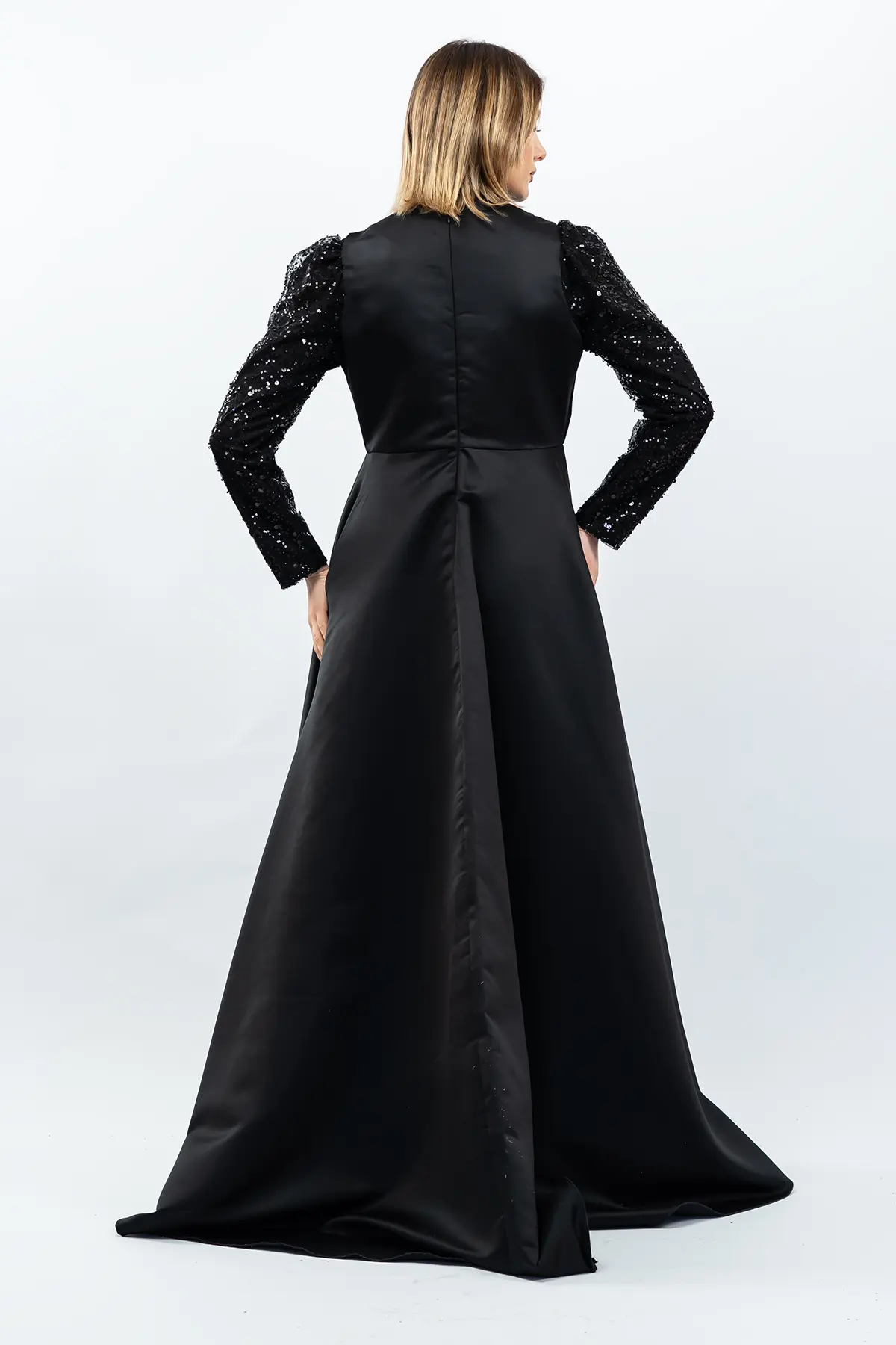 Payetli Drapeli Saten Abiye Elbise Siyah-detail