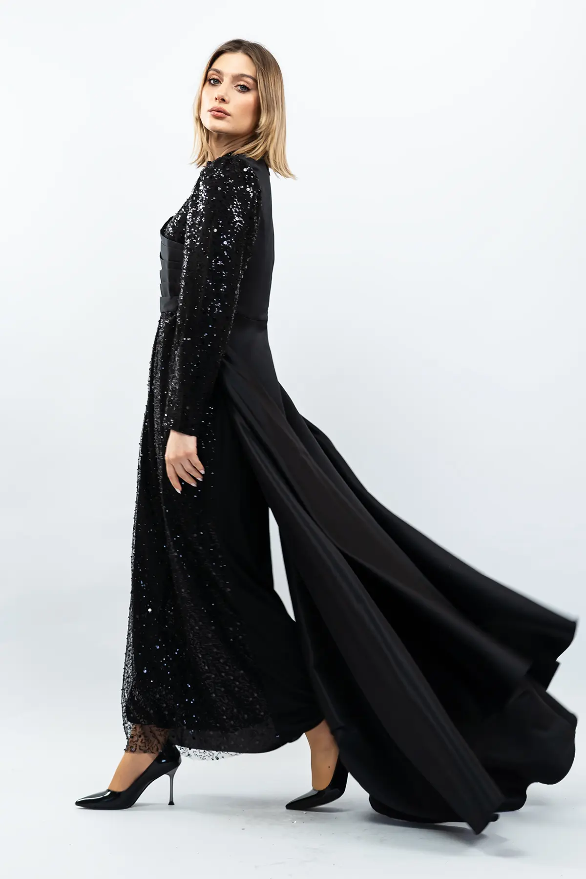 Payetli Drapeli Saten Abiye Elbise Siyah-detail
