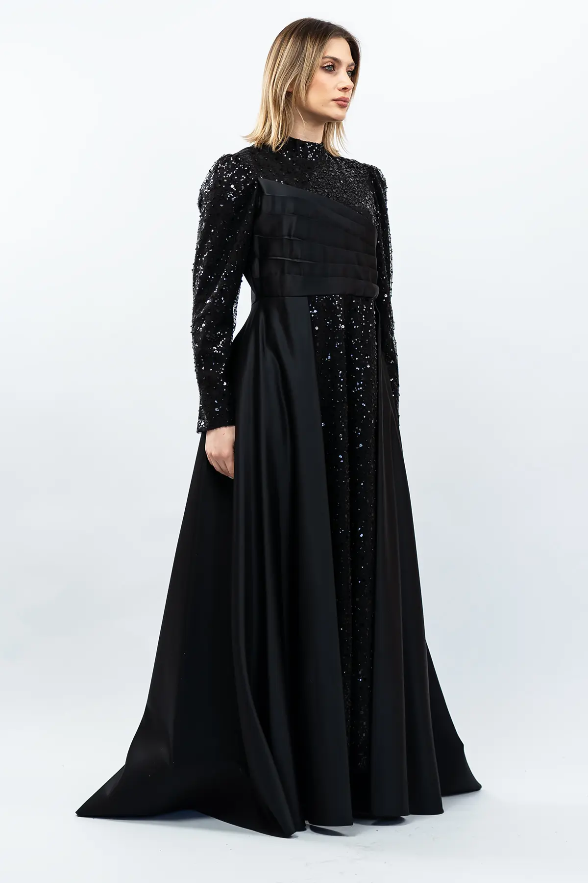 Payetli Drapeli Saten Abiye Elbise Siyah-detail