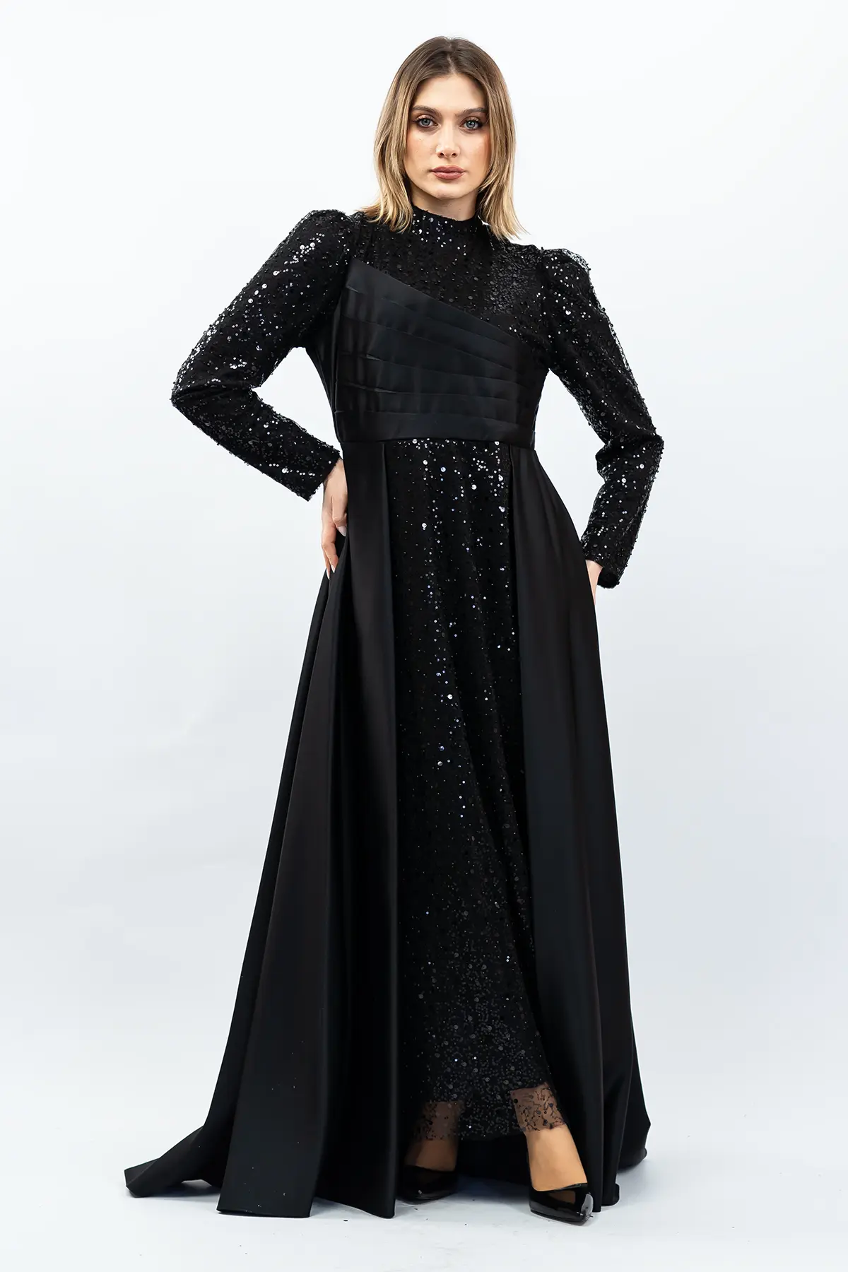 Payetli Drapeli Saten Abiye Elbise Siyah-detail