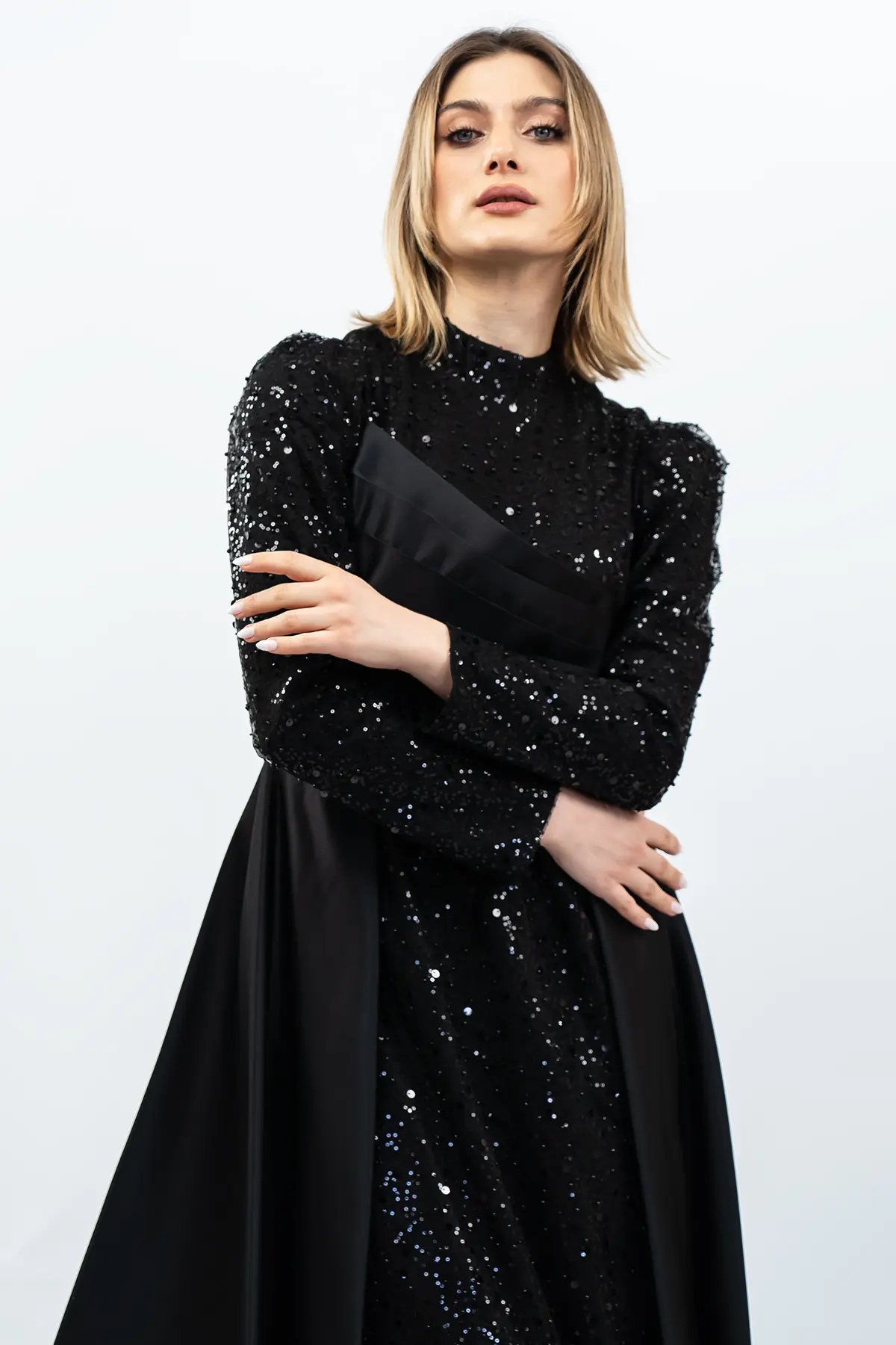 Payetli Drapeli Saten Abiye Elbise Siyah-detail