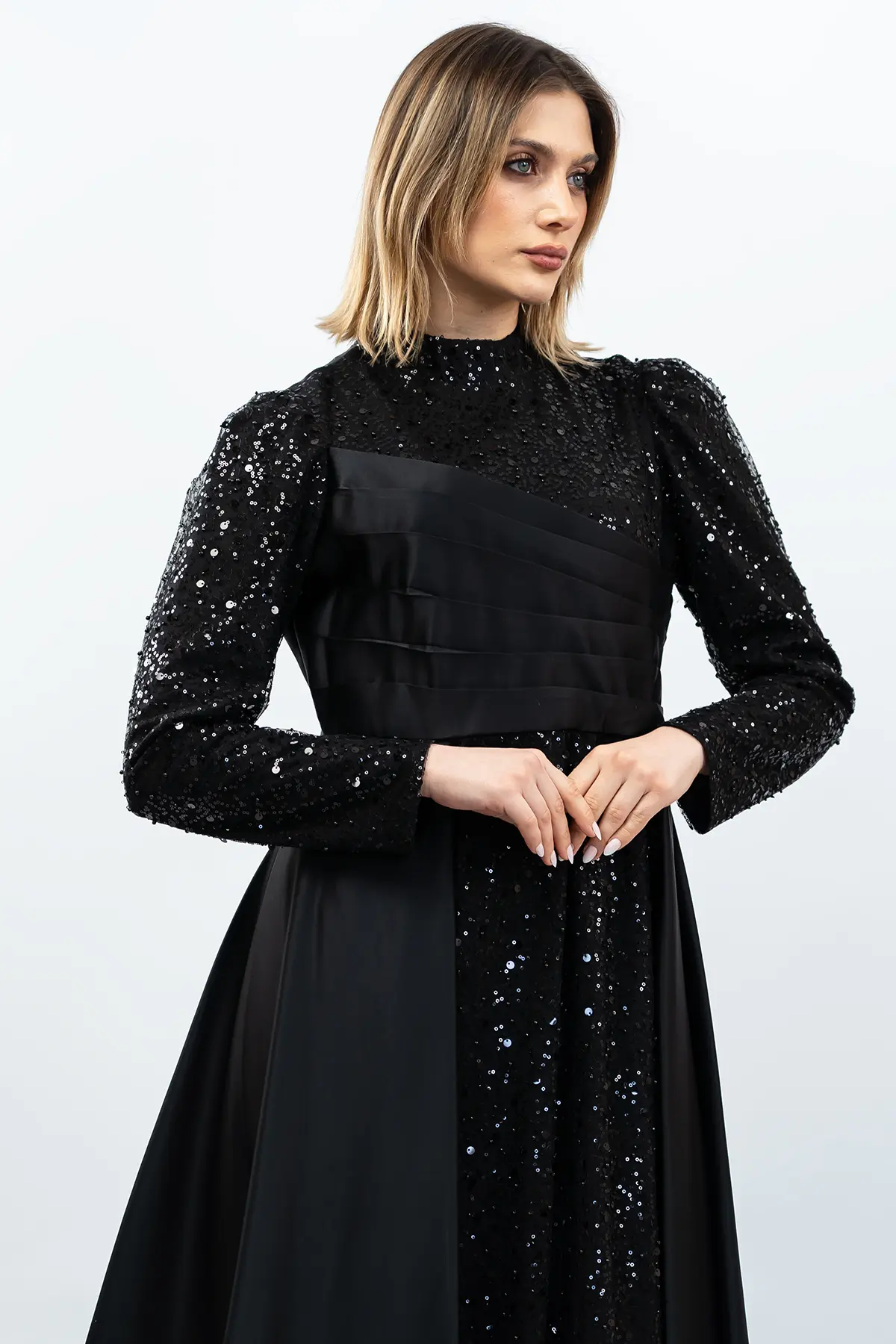 Payetli Drapeli Saten Abiye Elbise Siyah-detail