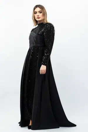Payetli Drapeli Saten Abiye Elbise Siyah
