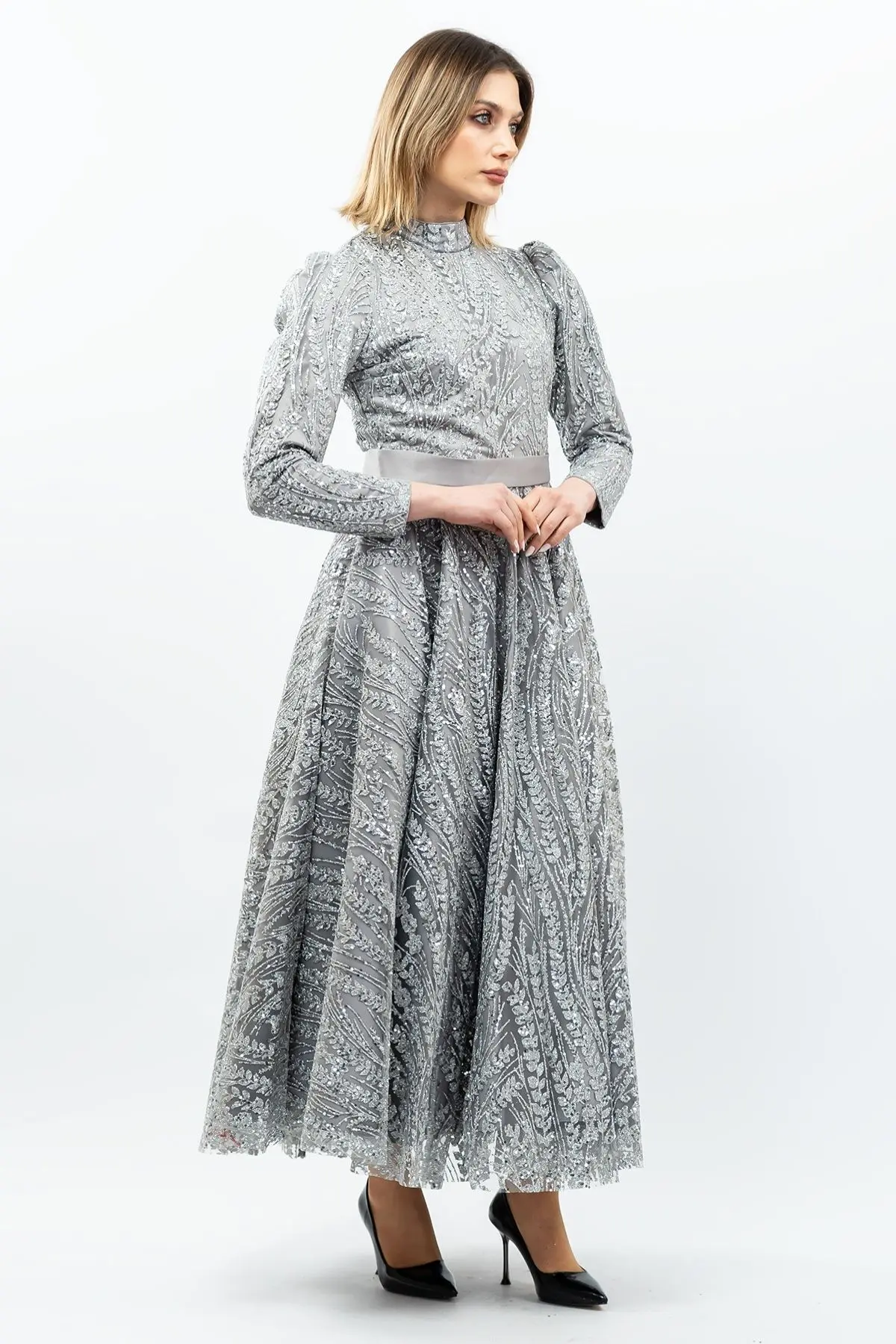 Sequined Princess Model Evening Dress Grey-detail