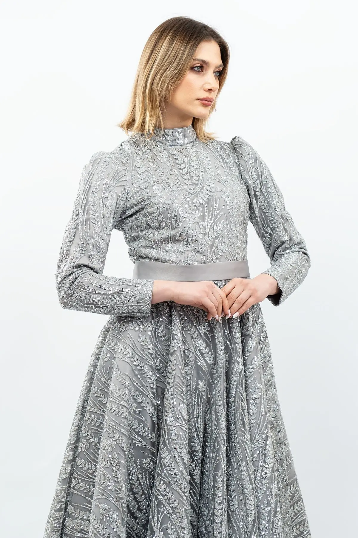 Sequined Princess Model Evening Dress Grey-detail