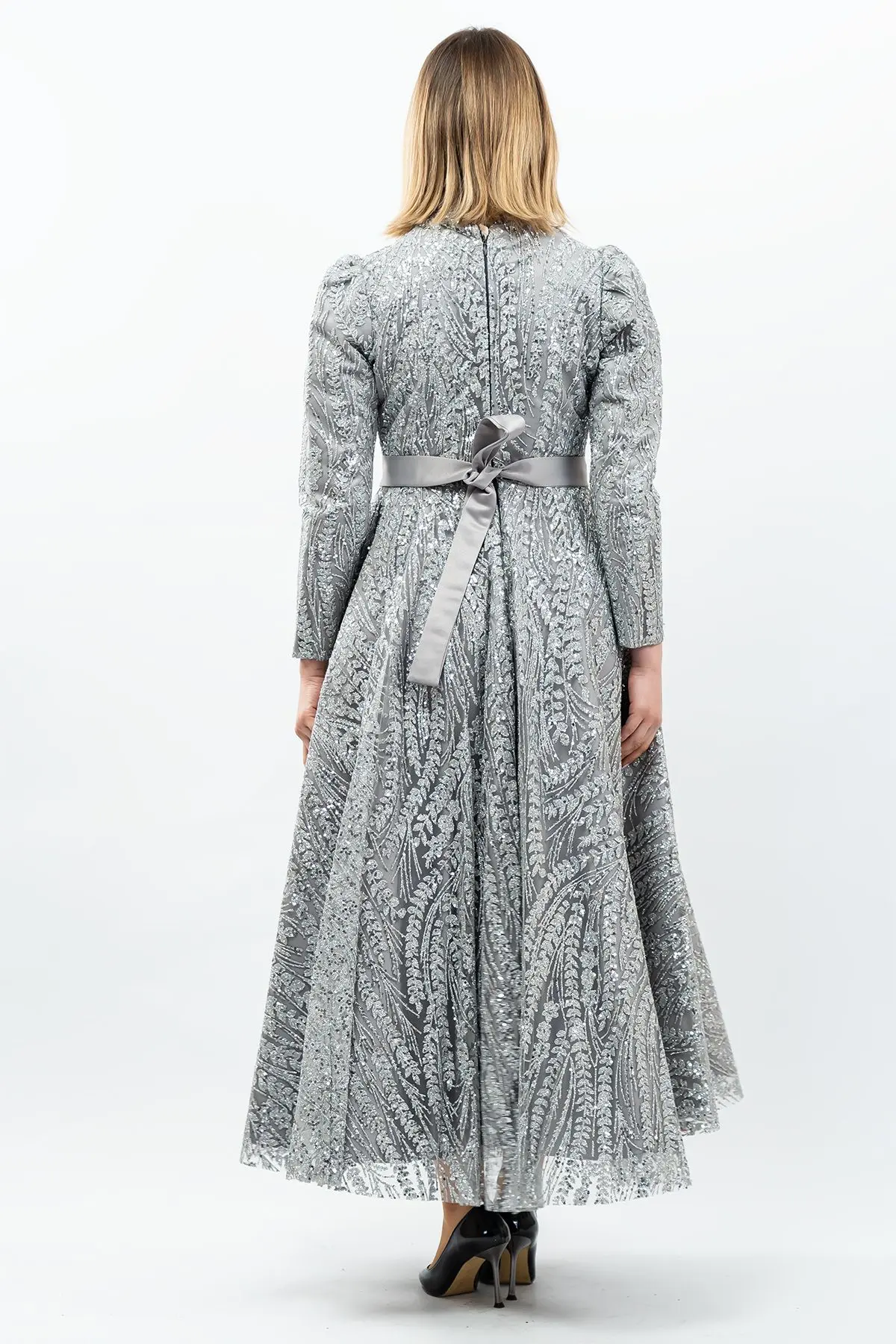 Sequined Princess Model Evening Dress Grey-detail