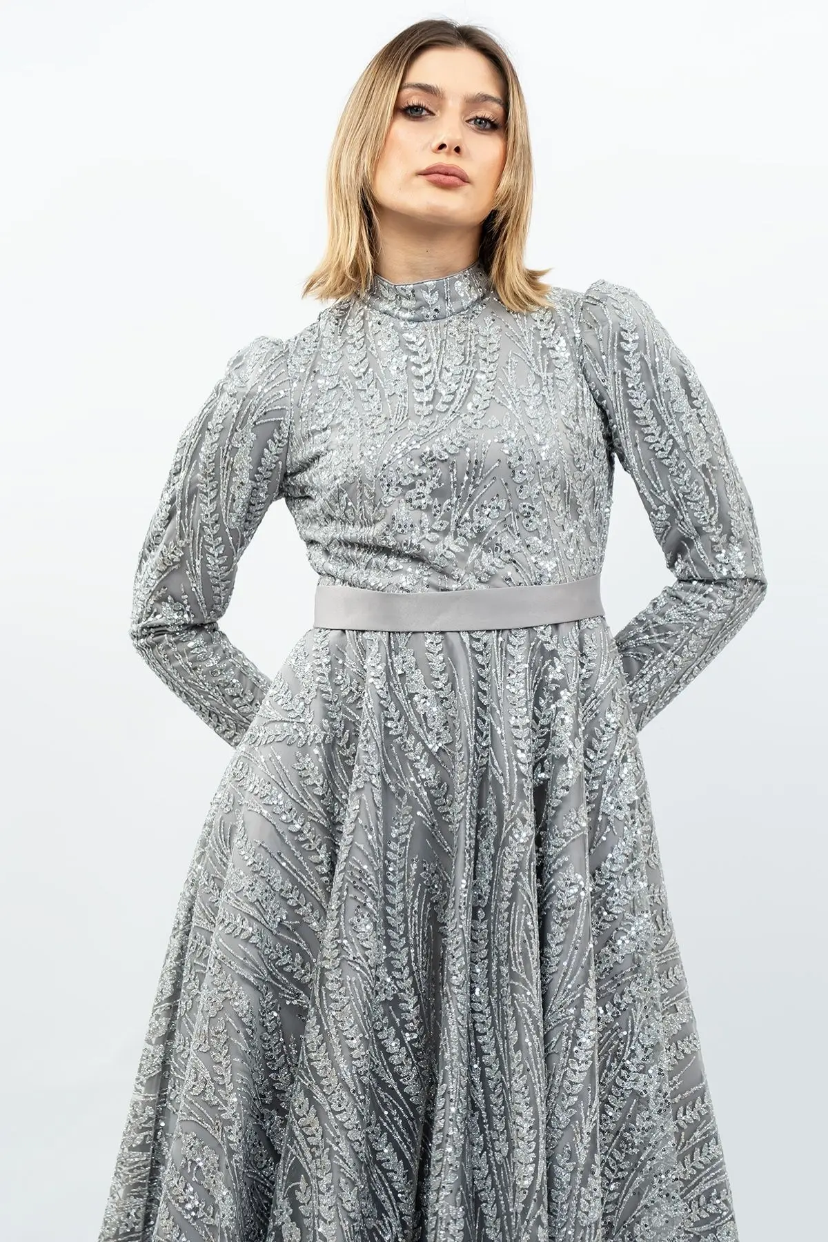 Sequined Princess Model Evening Dress Grey-detail