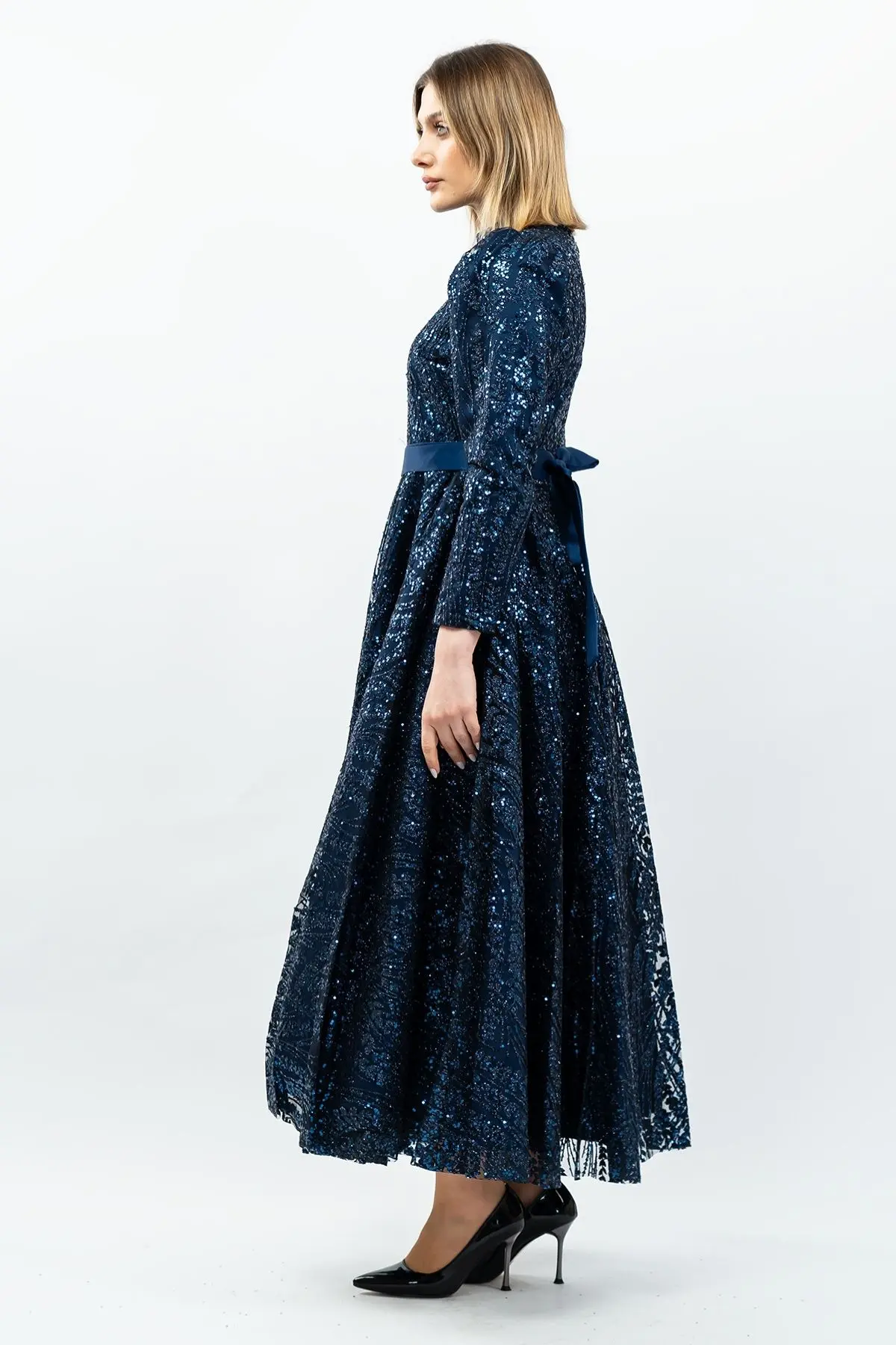 Payetli Prenses Model Abiye Elbise Lacivert-detail