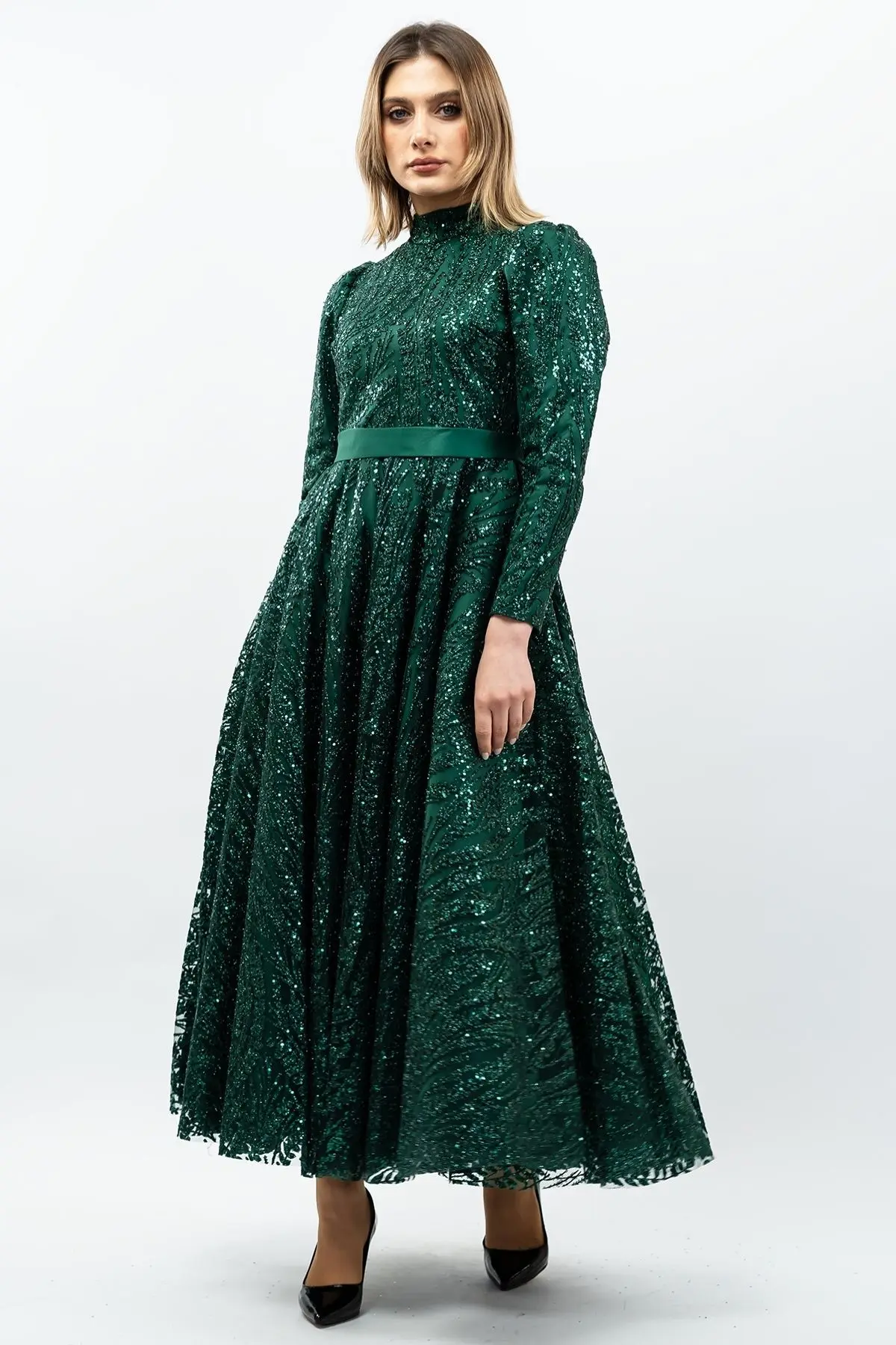 Payetli Prenses Model Abiye Elbise Zümrüt Yeşili-detail