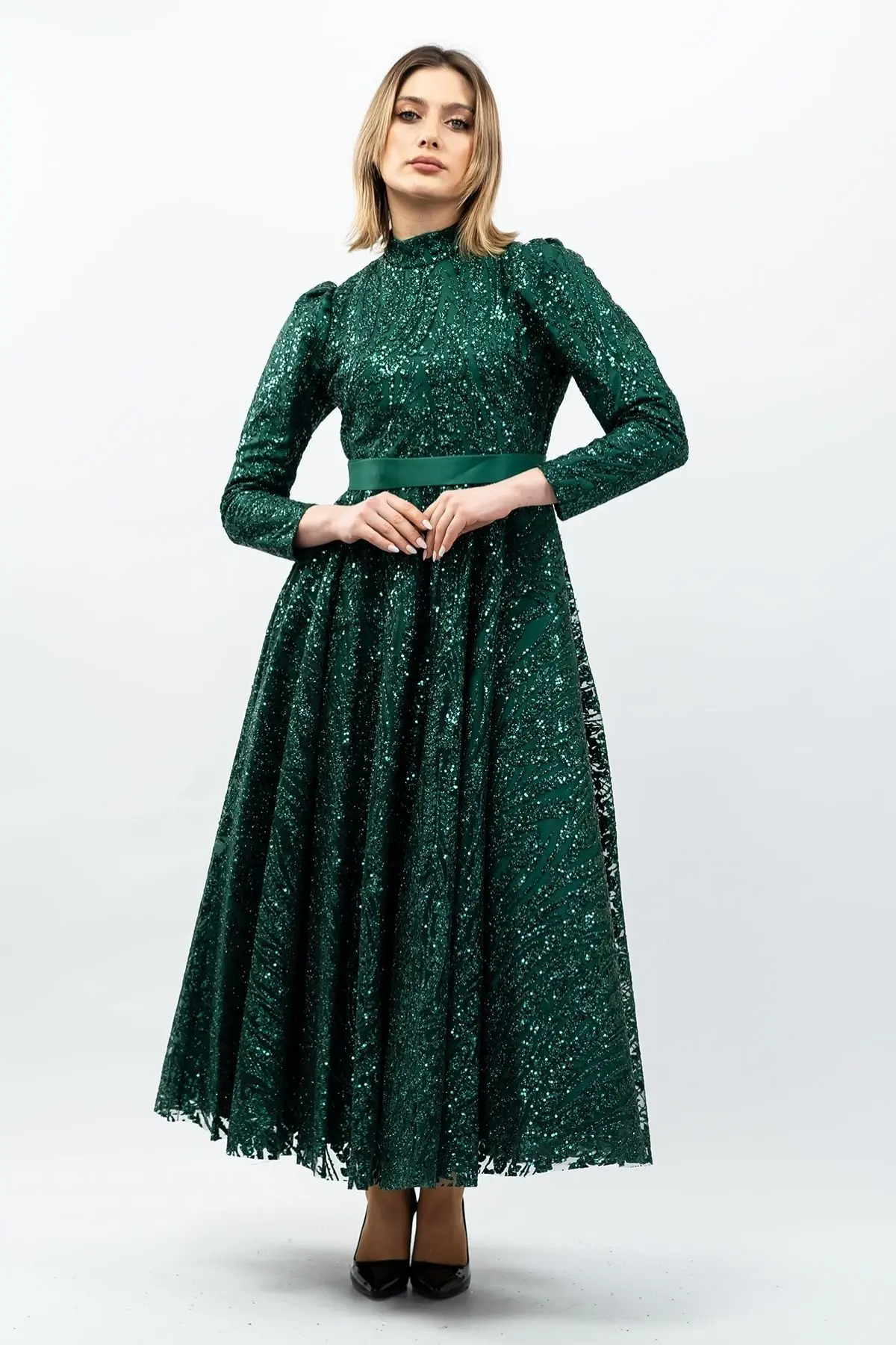 Payetli Prenses Model Abiye Elbise Zümrüt Yeşili-detail