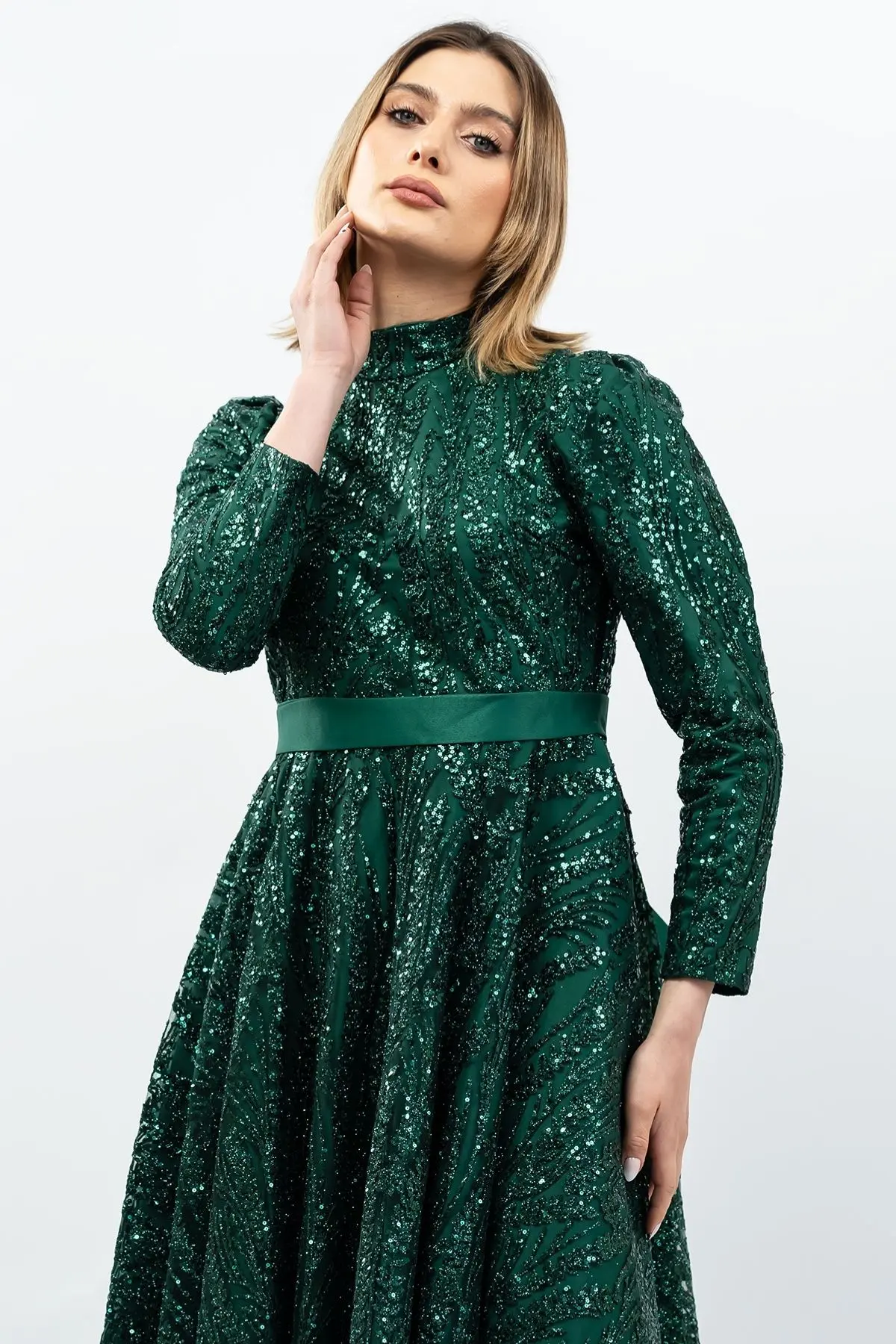 Payetli Prenses Model Abiye Elbise Zümrüt Yeşili-detail
