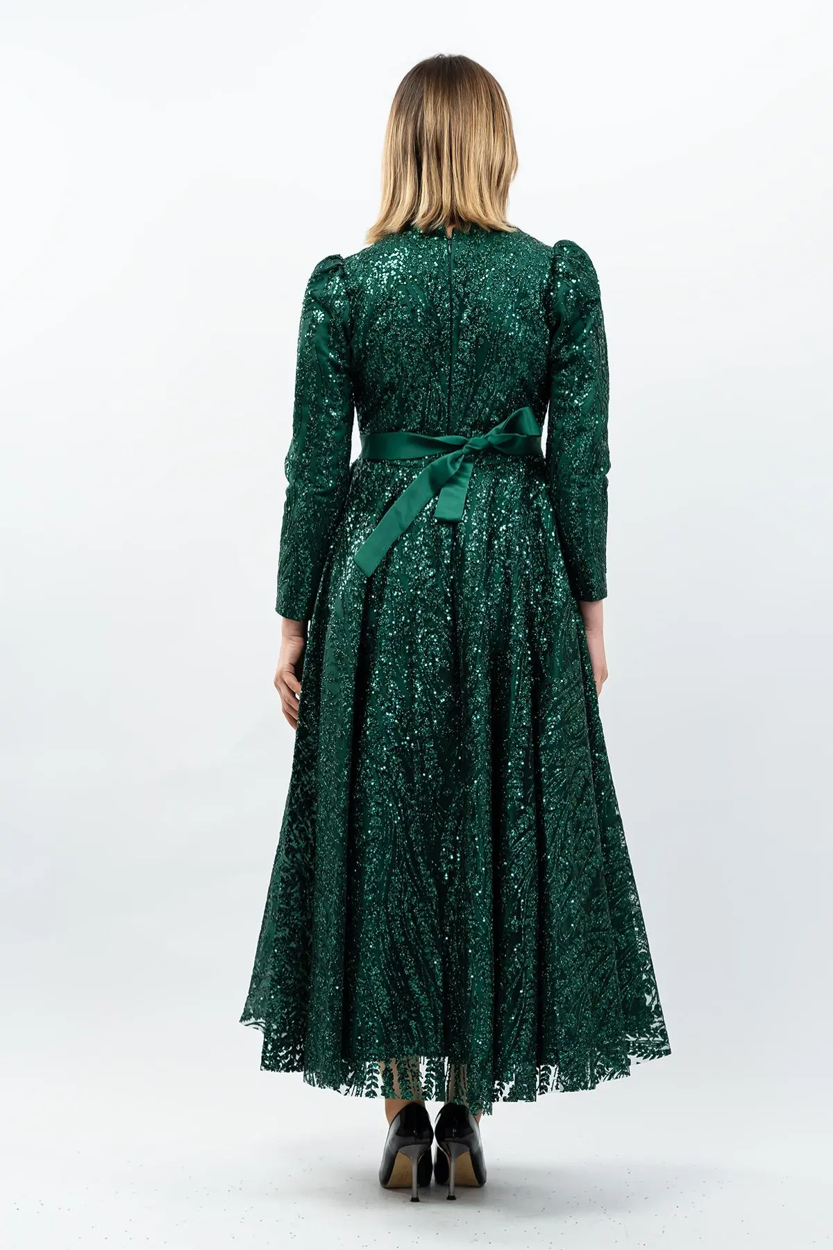 Payetli Prenses Model Abiye Elbise Zümrüt Yeşili-detail