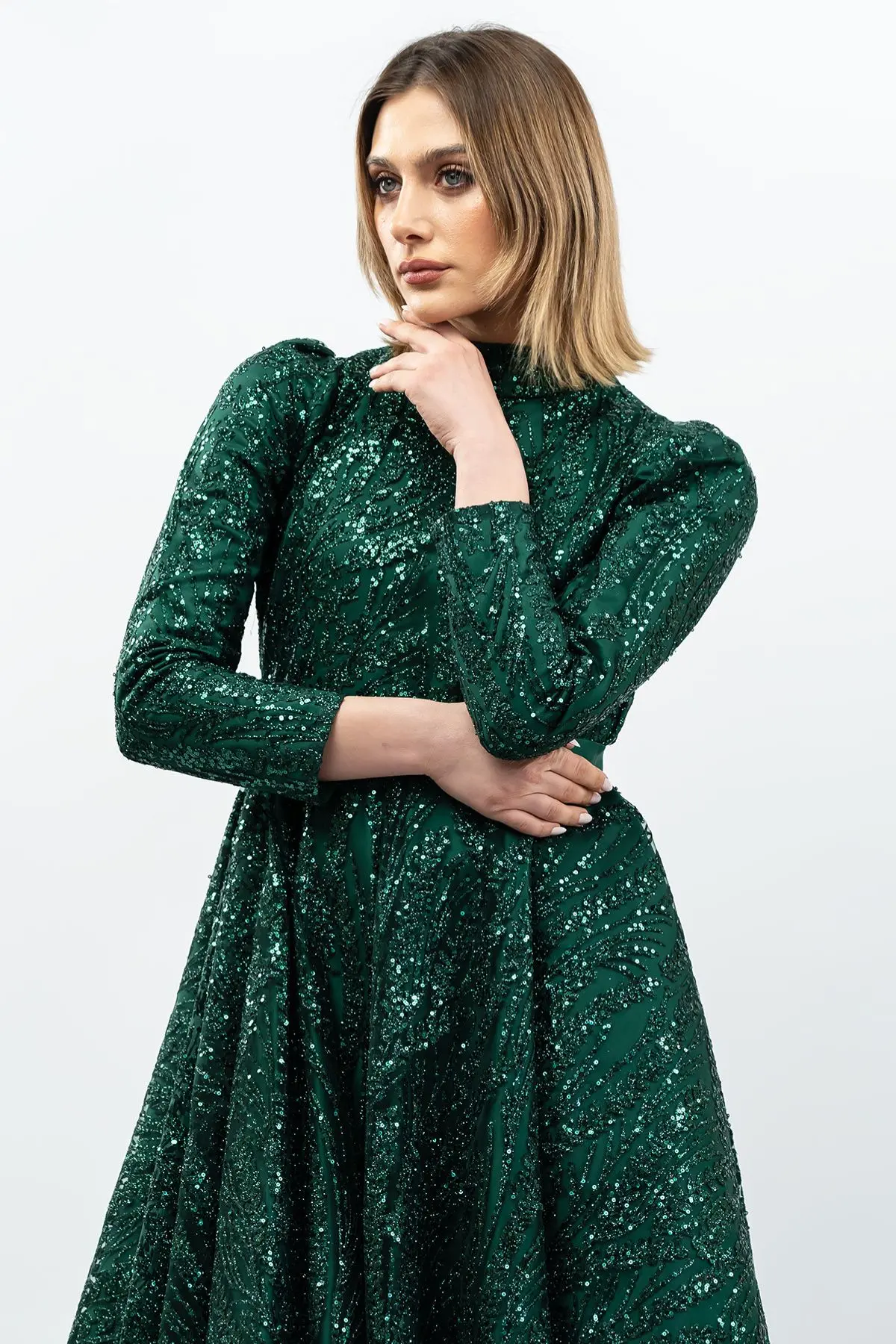 Payetli Prenses Model Abiye Elbise Zümrüt Yeşili-detail