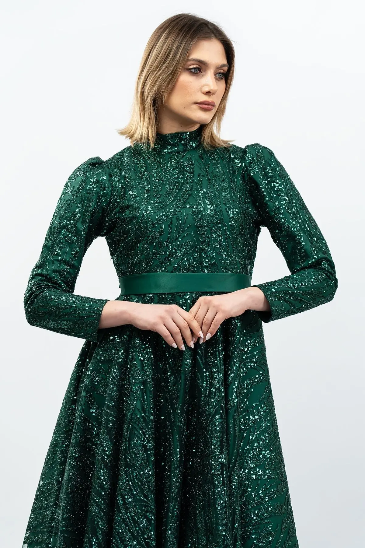 Payetli Prenses Model Abiye Elbise Zümrüt Yeşili-detail