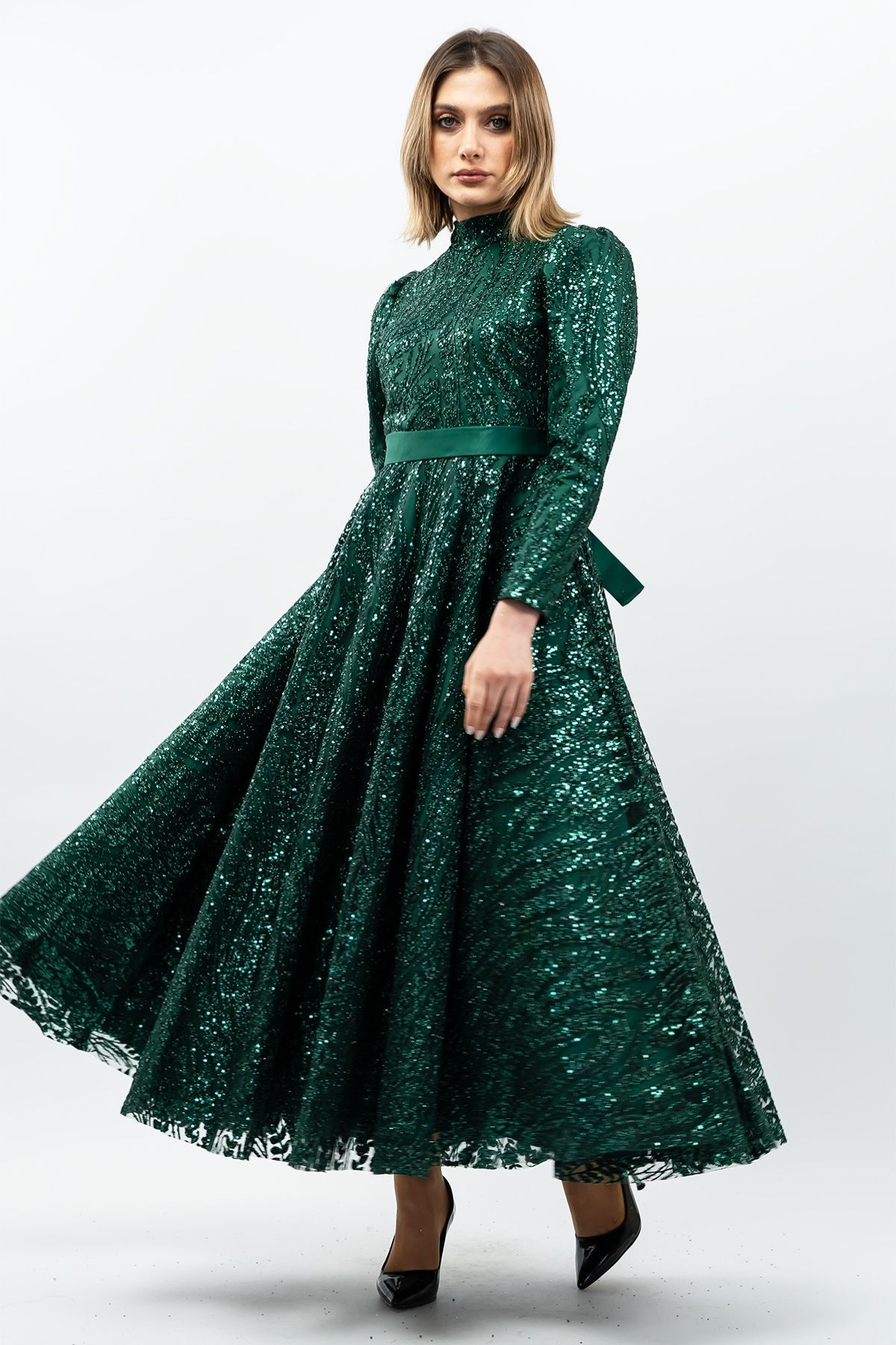 Sequined Princess Model Evening Dress Emerald Green