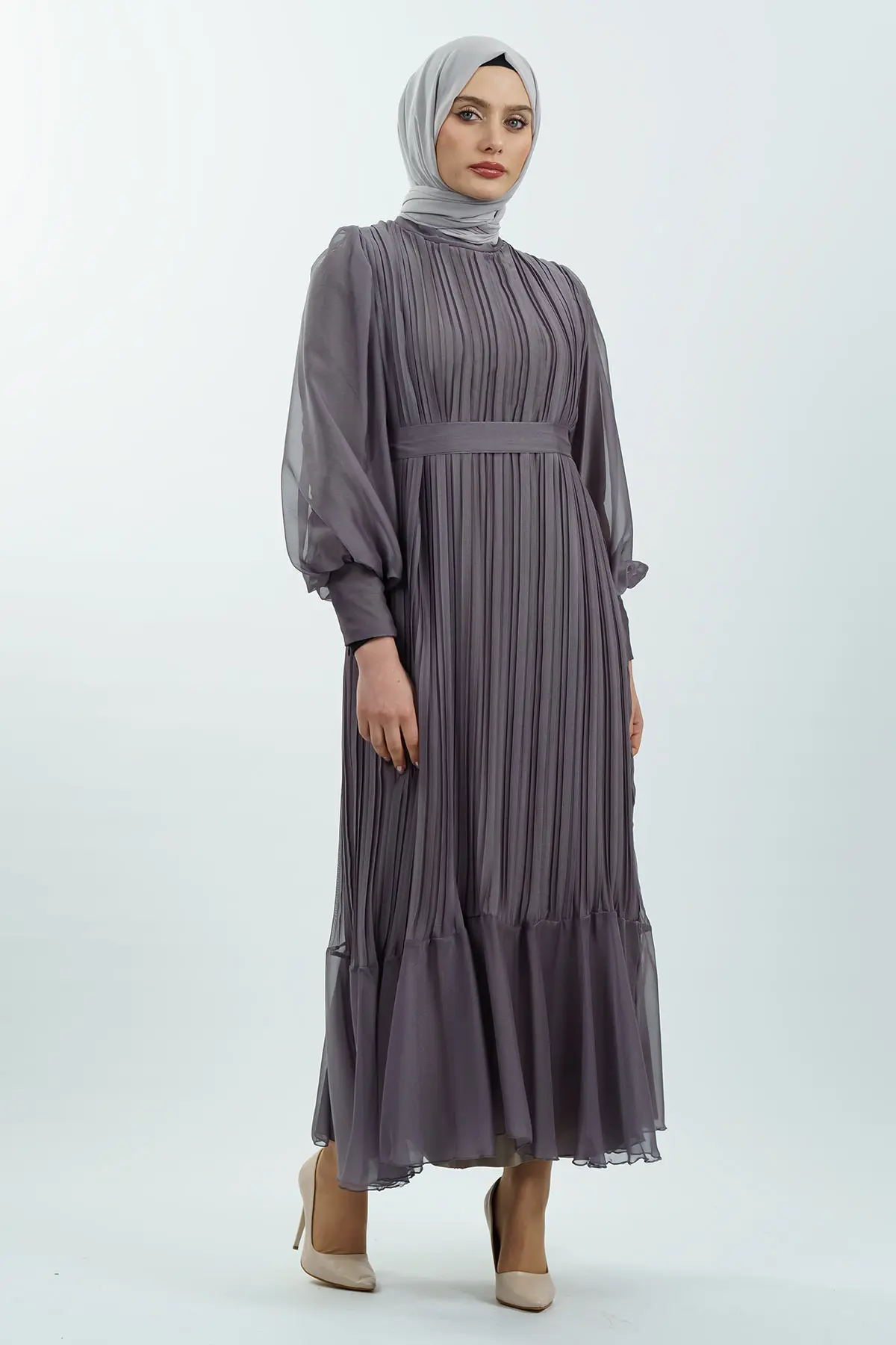 Pileli Kemerli Tesettür Elbise-detail