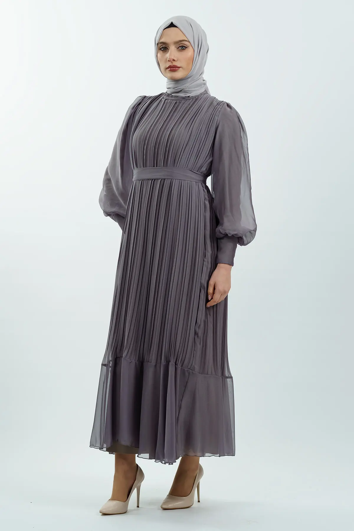 Pileli Kemerli Tesettür Elbise-detail