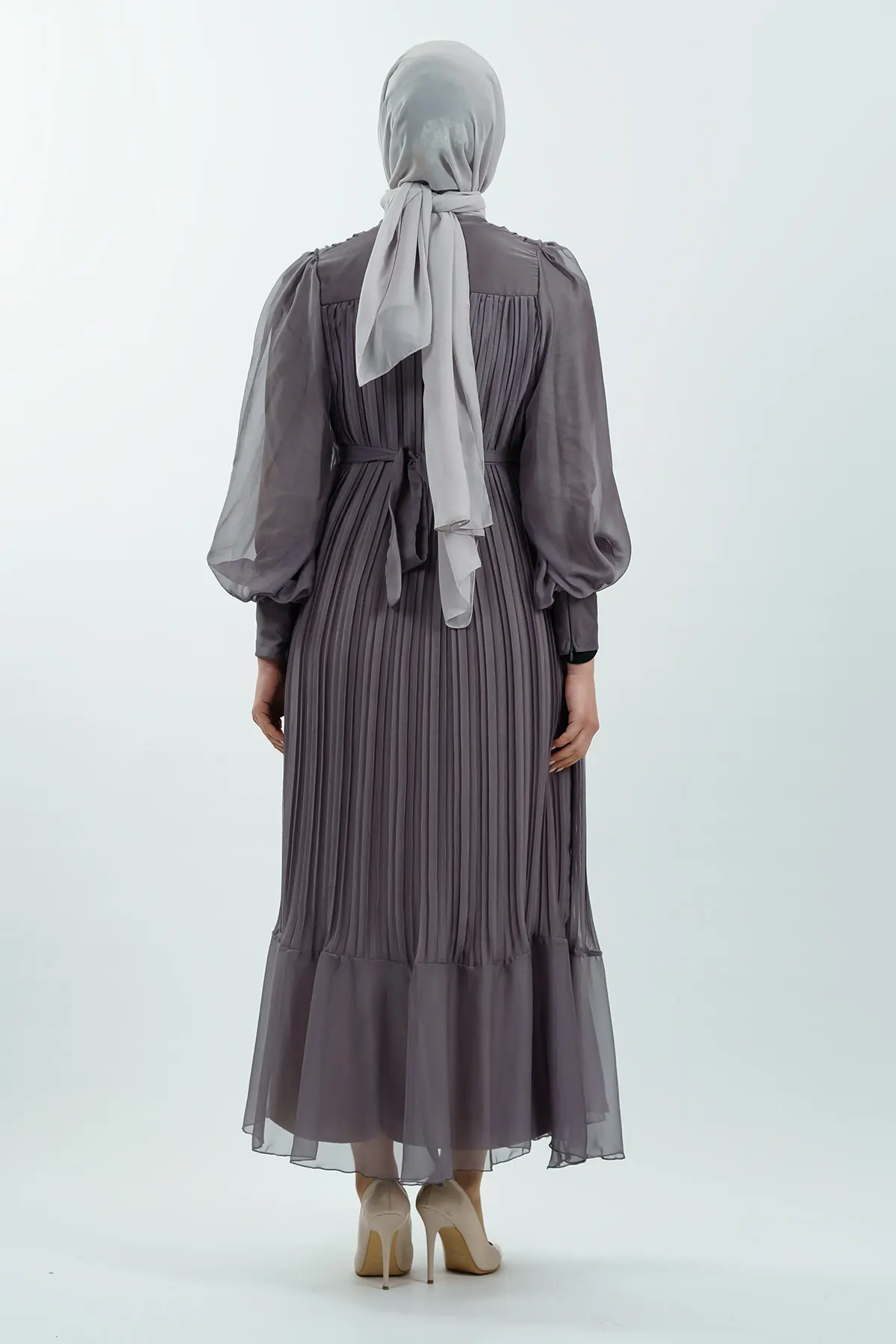 Pileli Kemerli Tesettür Elbise-detail