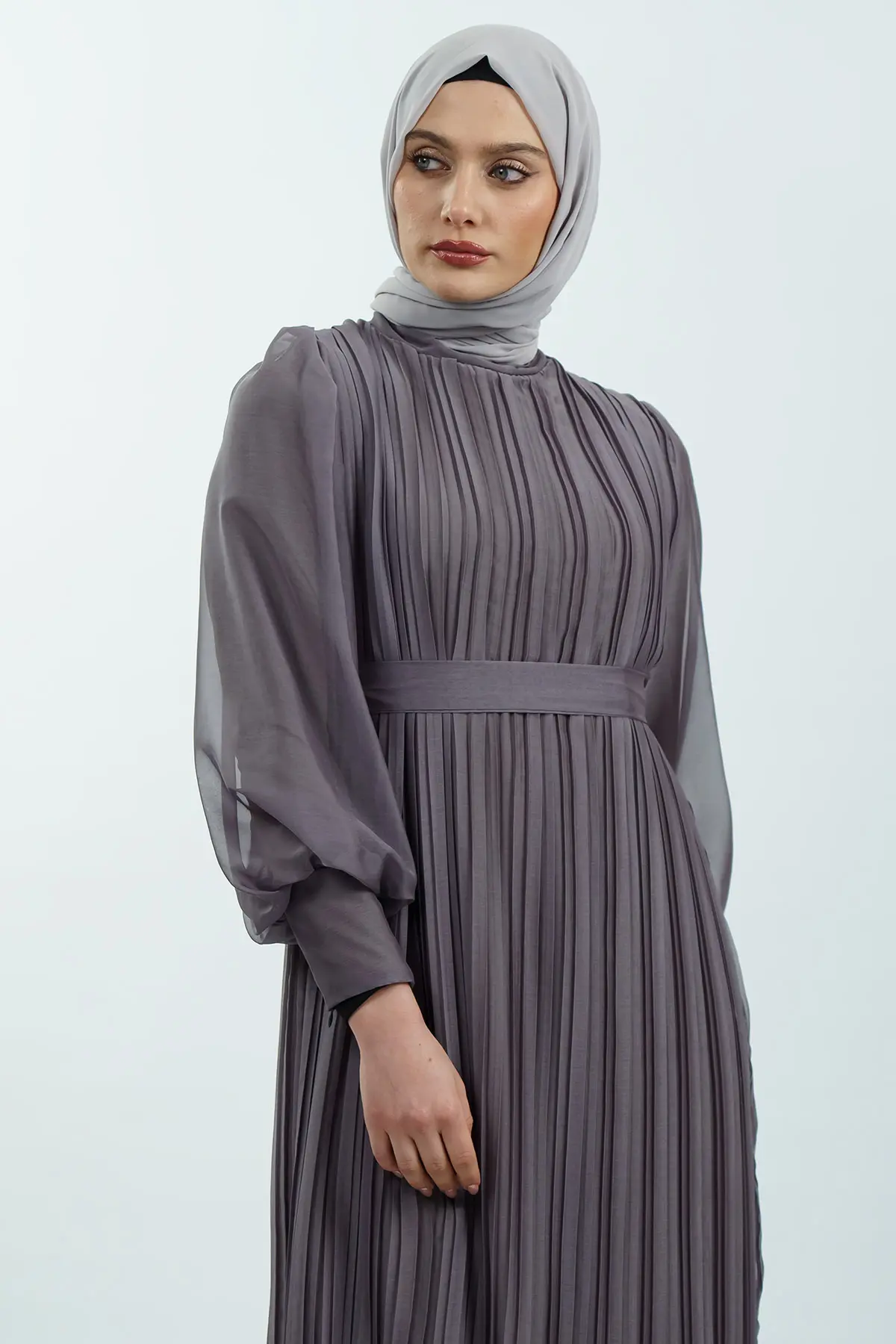 Pileli Kemerli Tesettür Elbise-detail