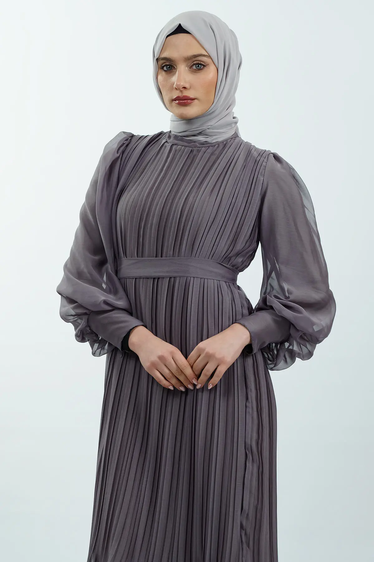 Pileli Kemerli Tesettür Elbise-detail