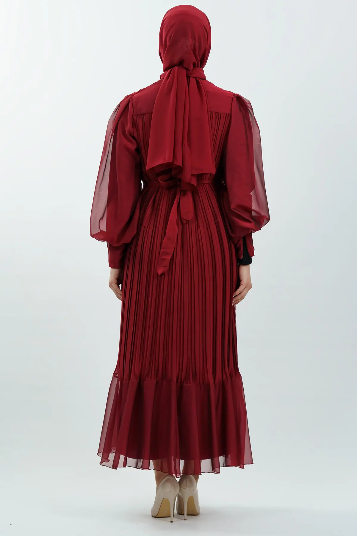 Pileli Kemerli Tesettür Elbise-detail