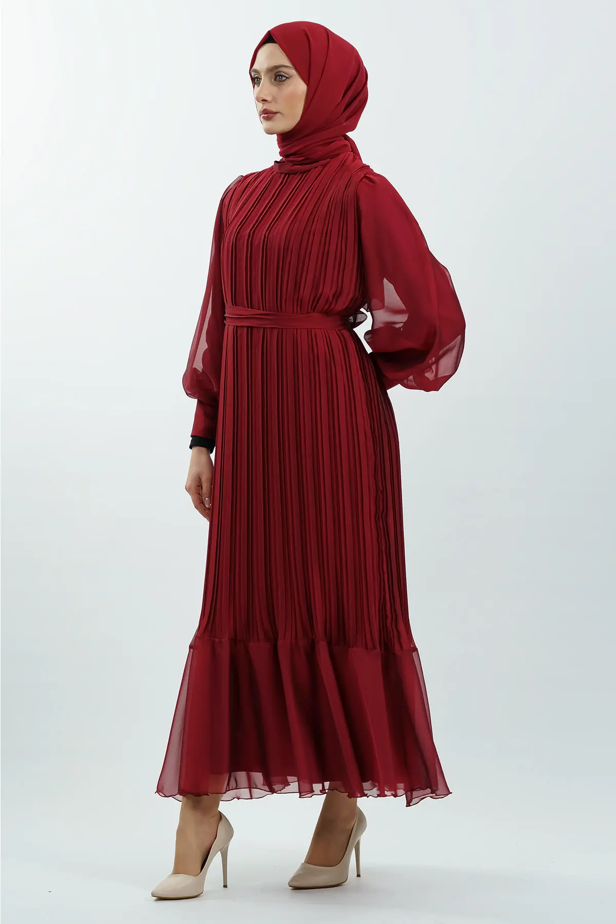 Pileli Kemerli Tesettür Elbise-detail