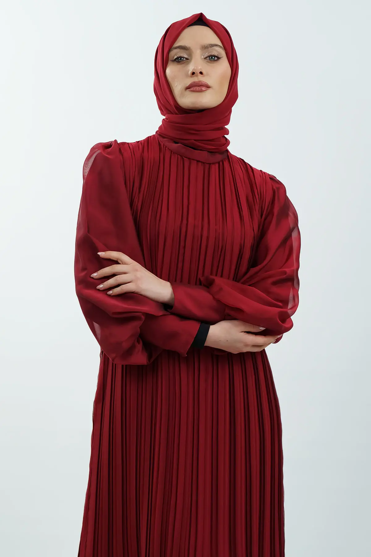 Pileli Kemerli Tesettür Elbise-detail