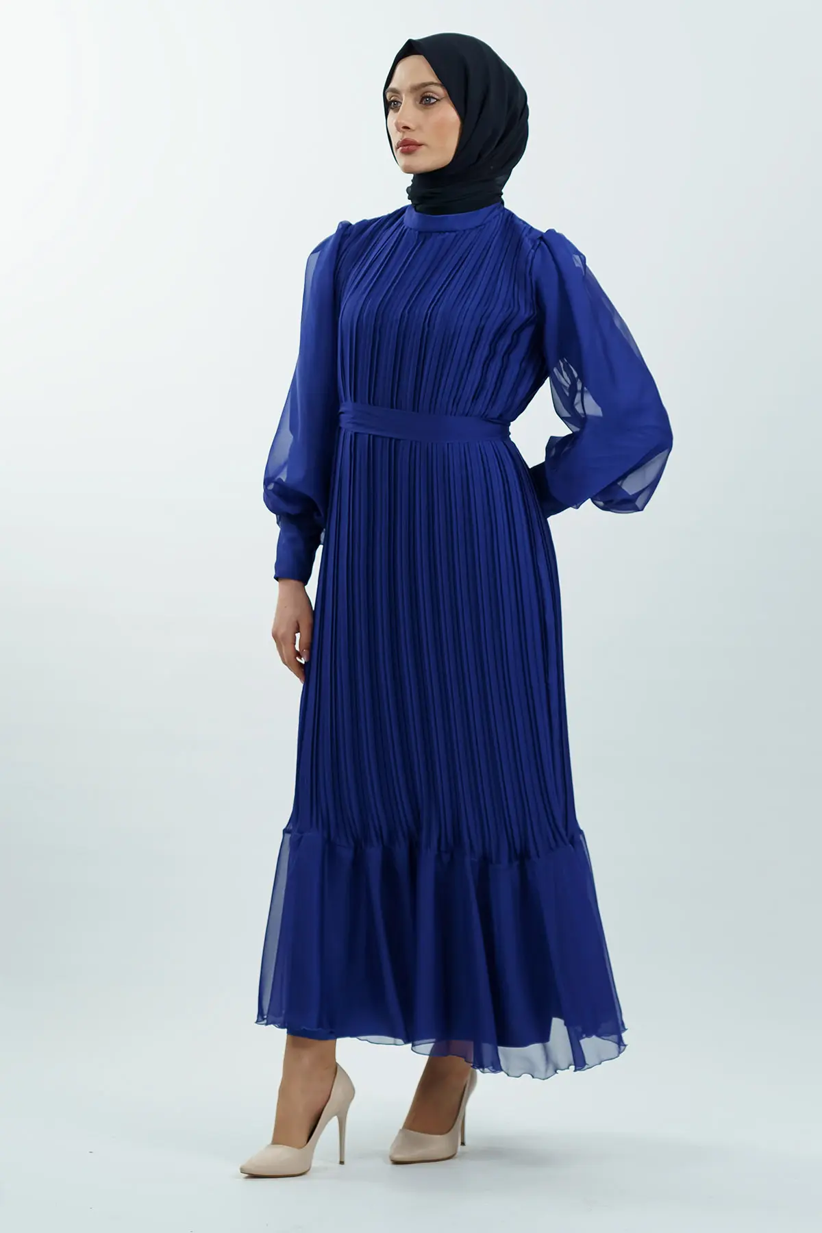 Pileli Kemerli Tesettür Elbise-detail