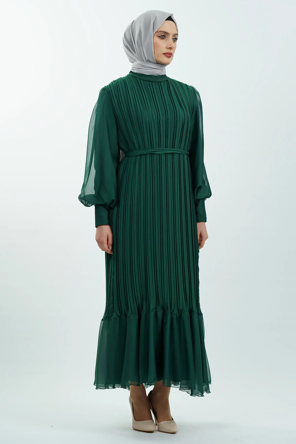 Pileli Kemerli Tesettür Elbise-detail