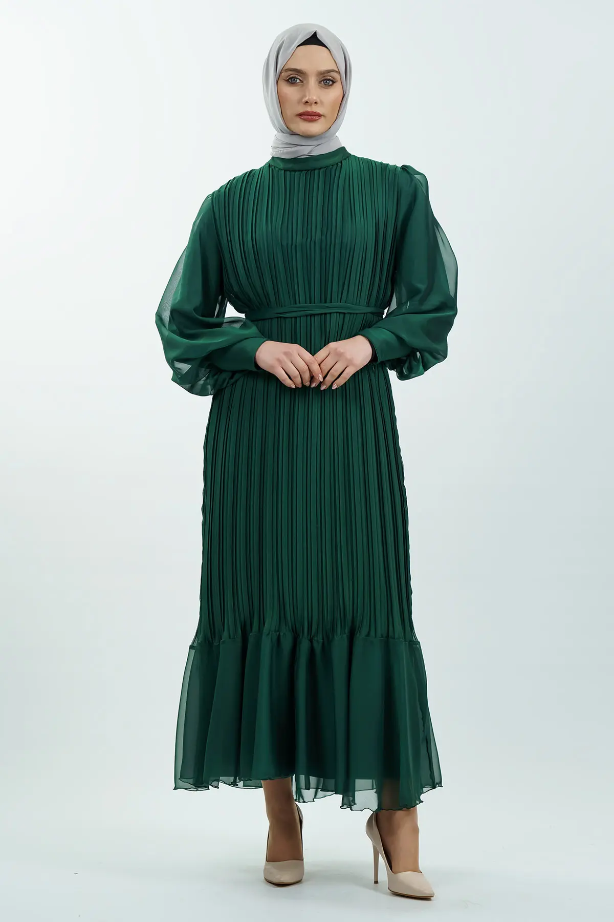 Pileli Kemerli Tesettür Elbise-detail