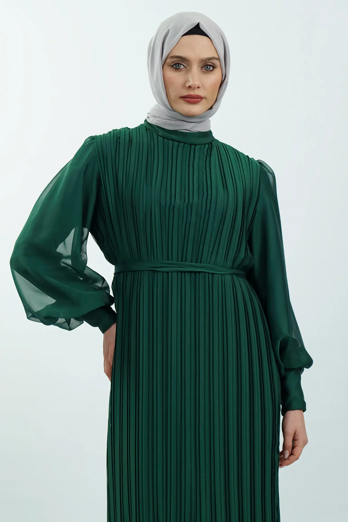 Pileli Kemerli Tesettür Elbise-detail