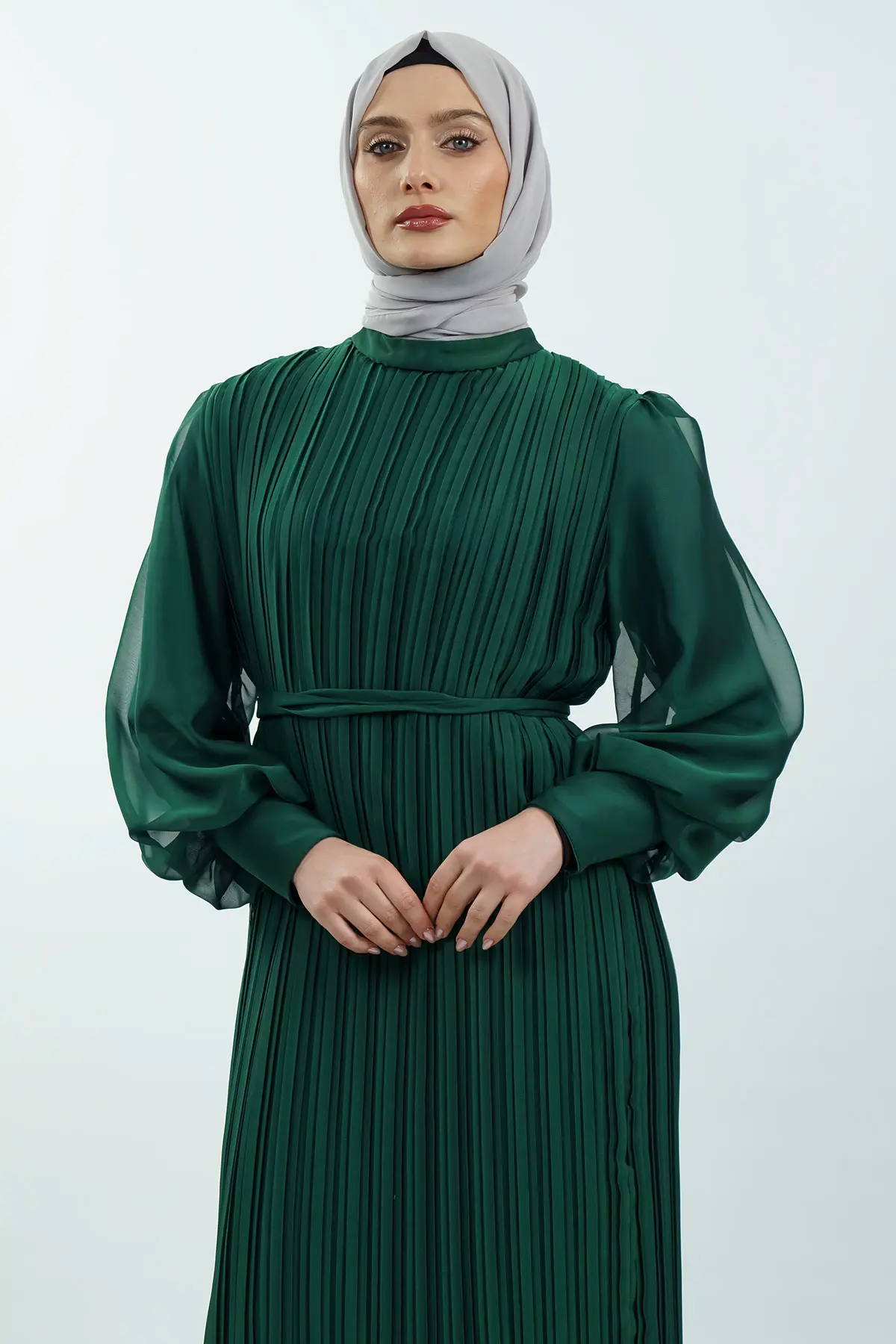 Pileli Kemerli Tesettür Elbise-detail