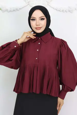 Pileli Kısa Gömlek Bordo 2248