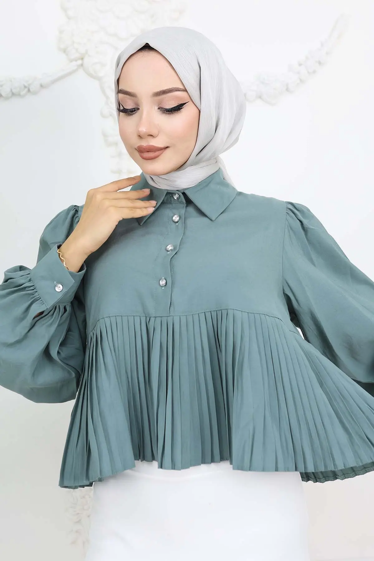 Pileli Kısa Gömlek Çağla 2248-detail