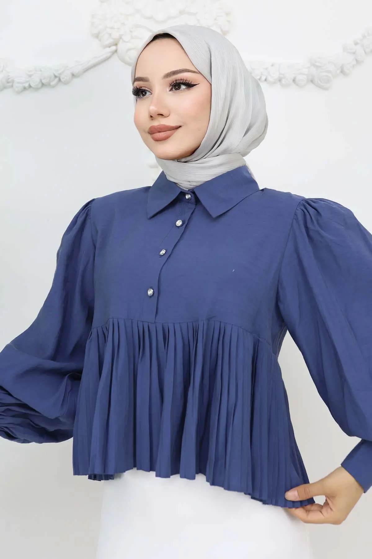 Pileli Kısa Gömlek İndigo 2248-detail