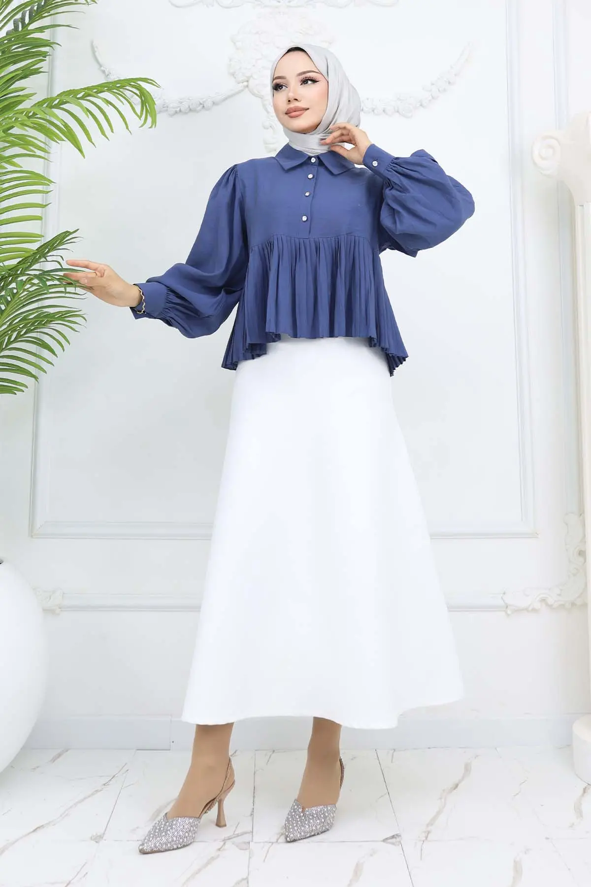 Pileli Kısa Gömlek İndigo 2248-detail