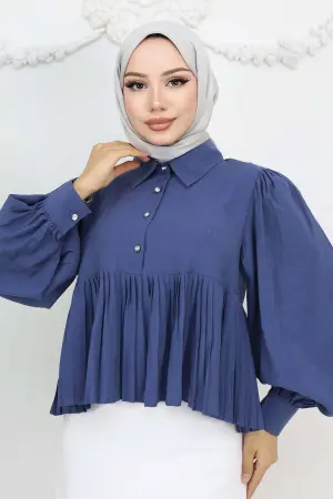 Pileli Kısa Gömlek İndigo 2248