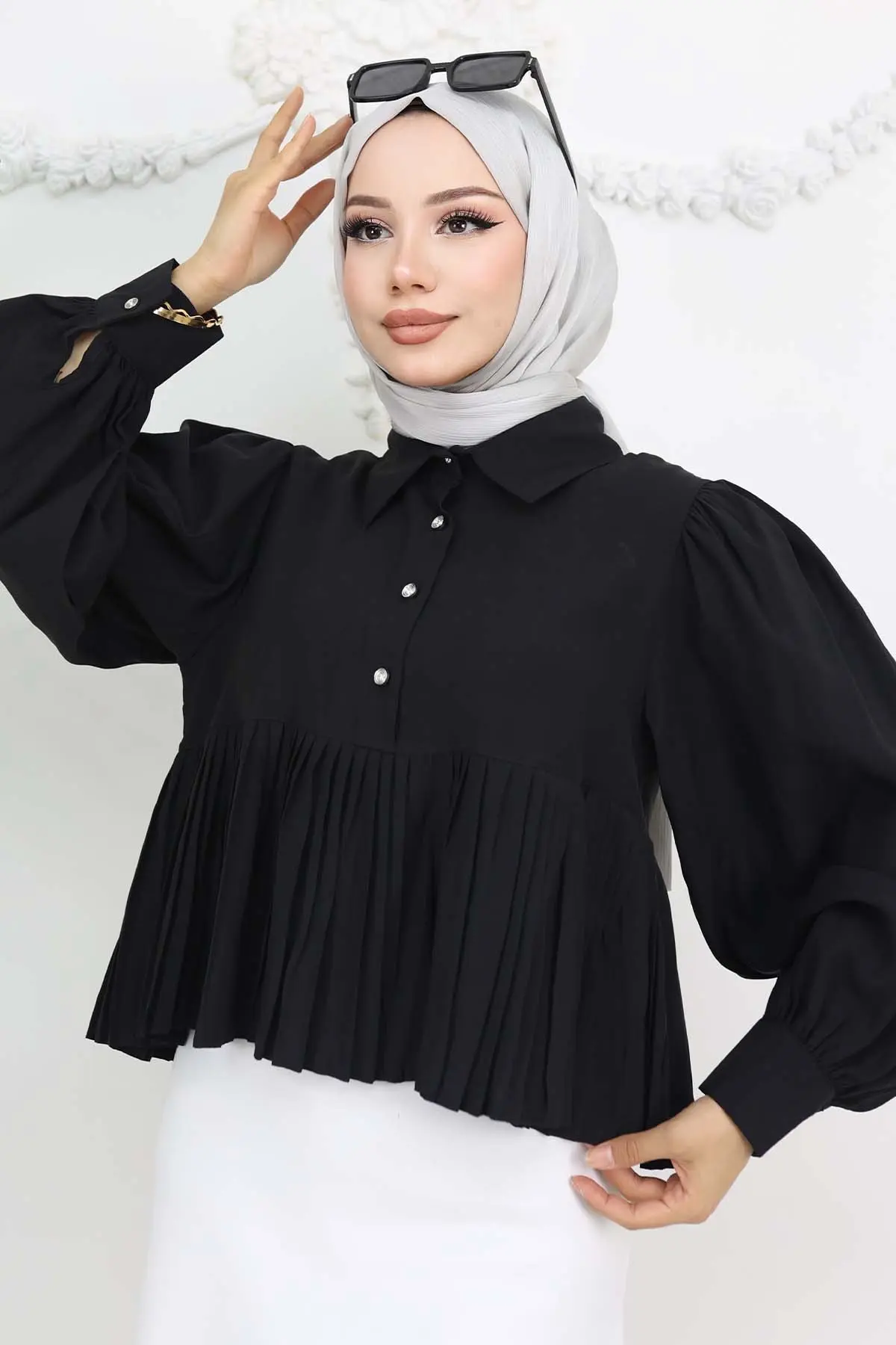 Pileli Kısa Gömlek Siyah 2248-detail