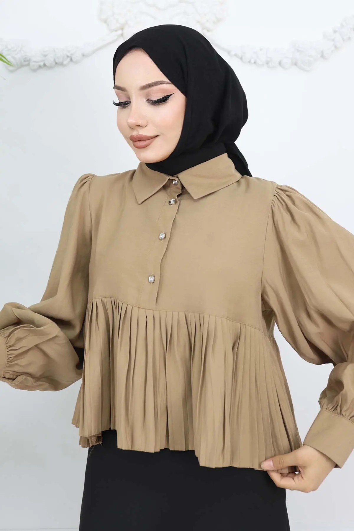 Pileli Kısa Gömlek Vizon 2248-detail