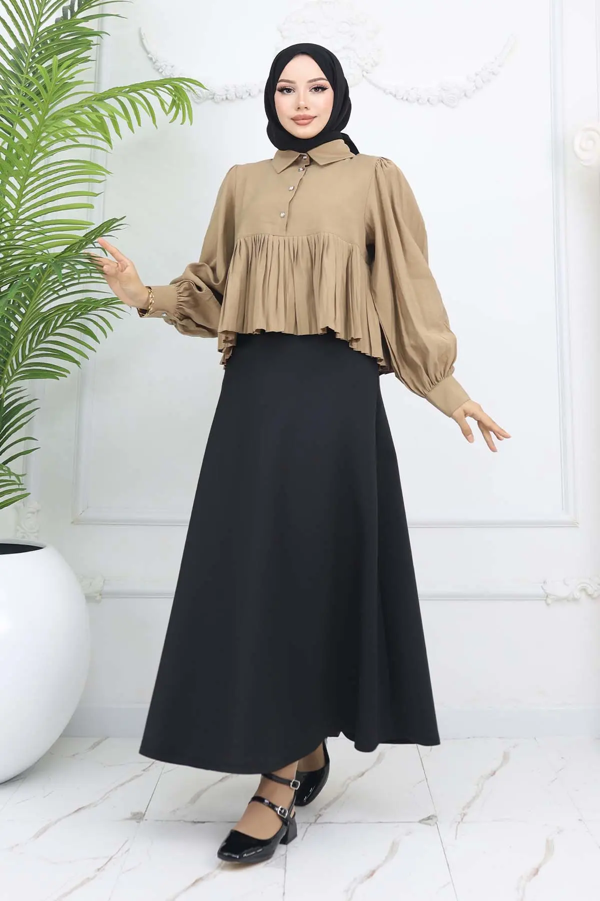 Pileli Kısa Gömlek Vizon 2248-detail