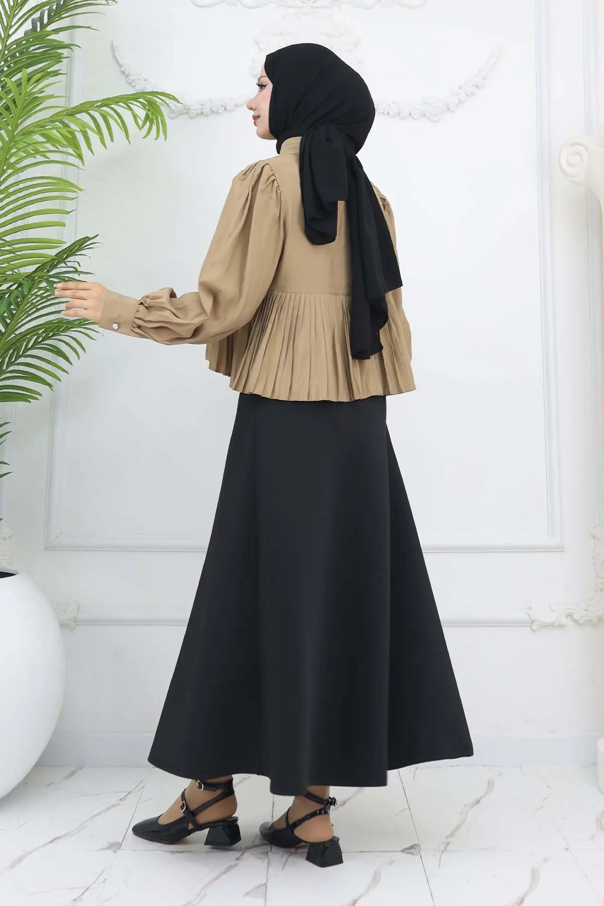 Pileli Kısa Gömlek Vizon 2248-detail