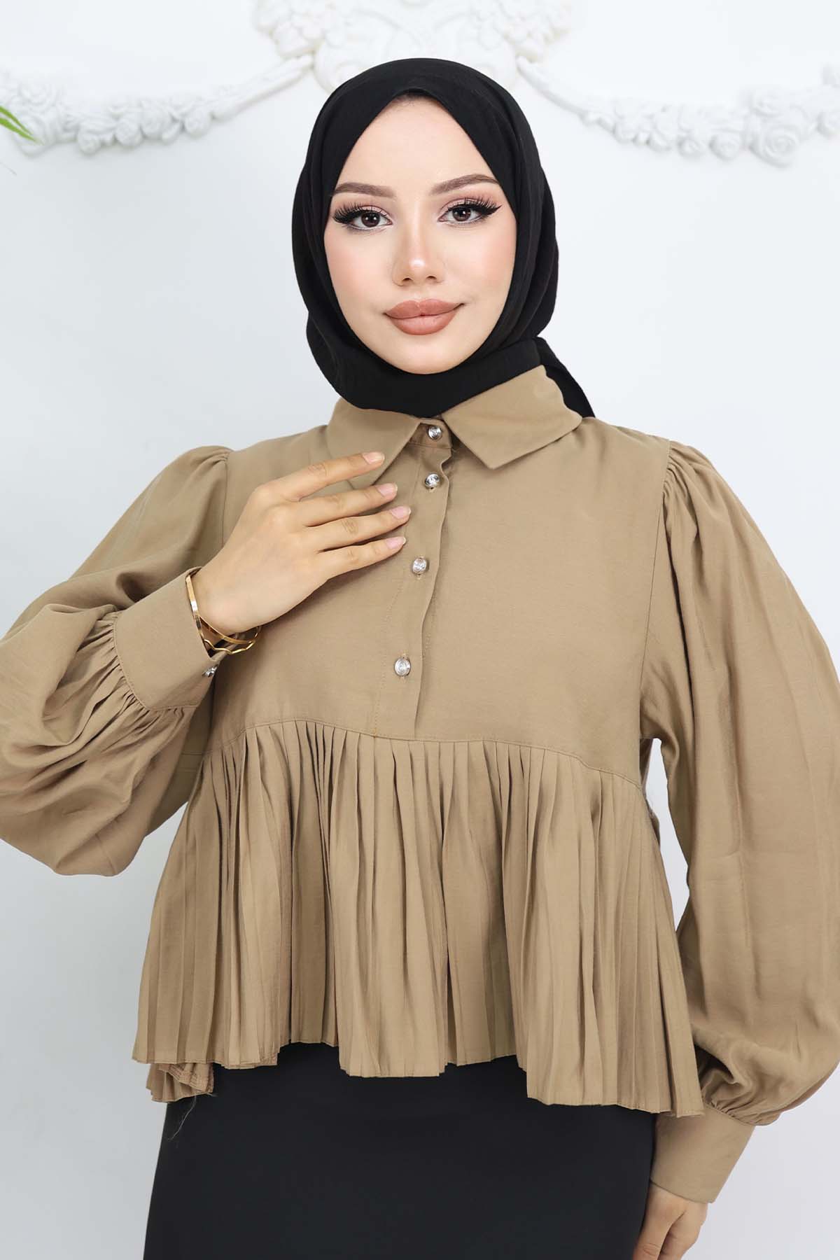 Pileli Kısa Gömlek Vizon 2248