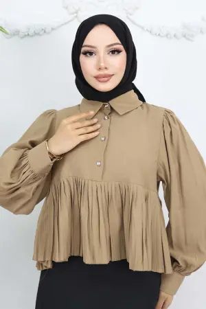 Pileli Kısa Gömlek Vizon 2248