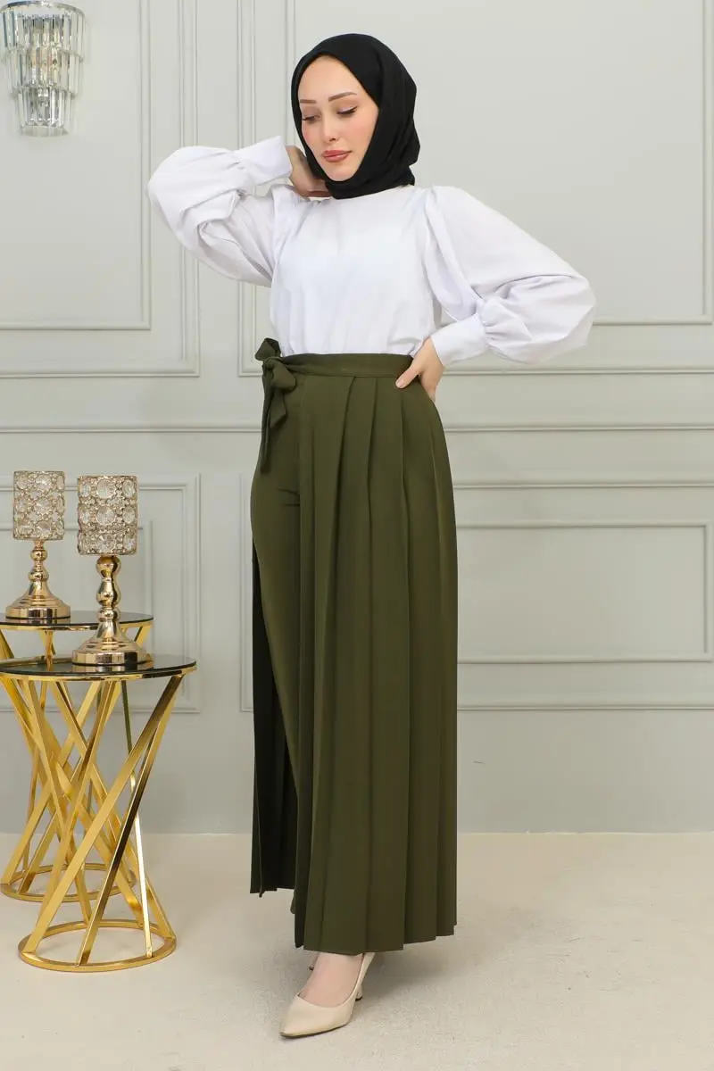 Piliseli Pantolon Etek Haki-detail